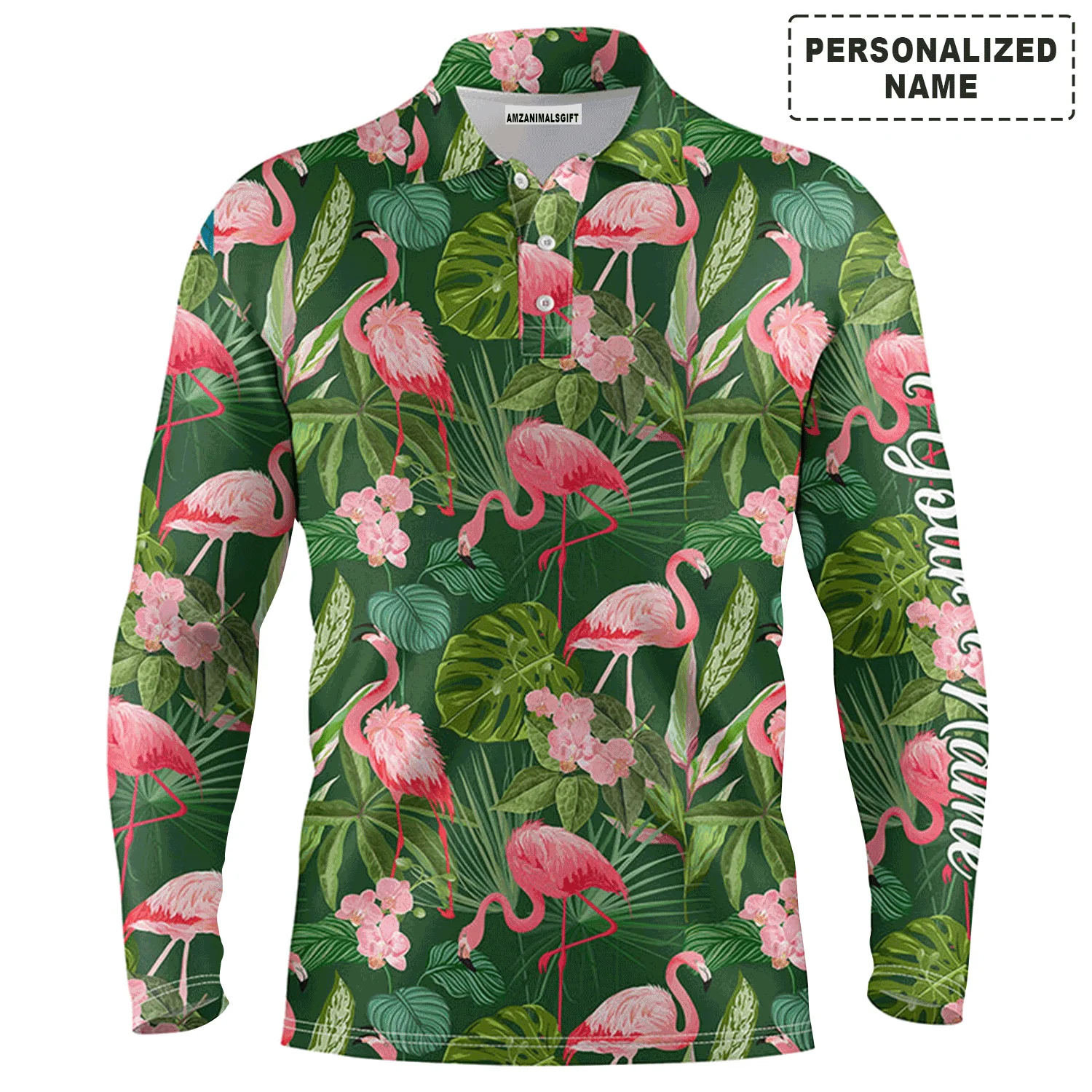 Golf Men Polo Shirt - Custom Name Flamingo Green Tropical Palm Leaves Pattern Apparel - Personalized Gift For Golf Lover, Team, Husband, Boyfriend - Image 3