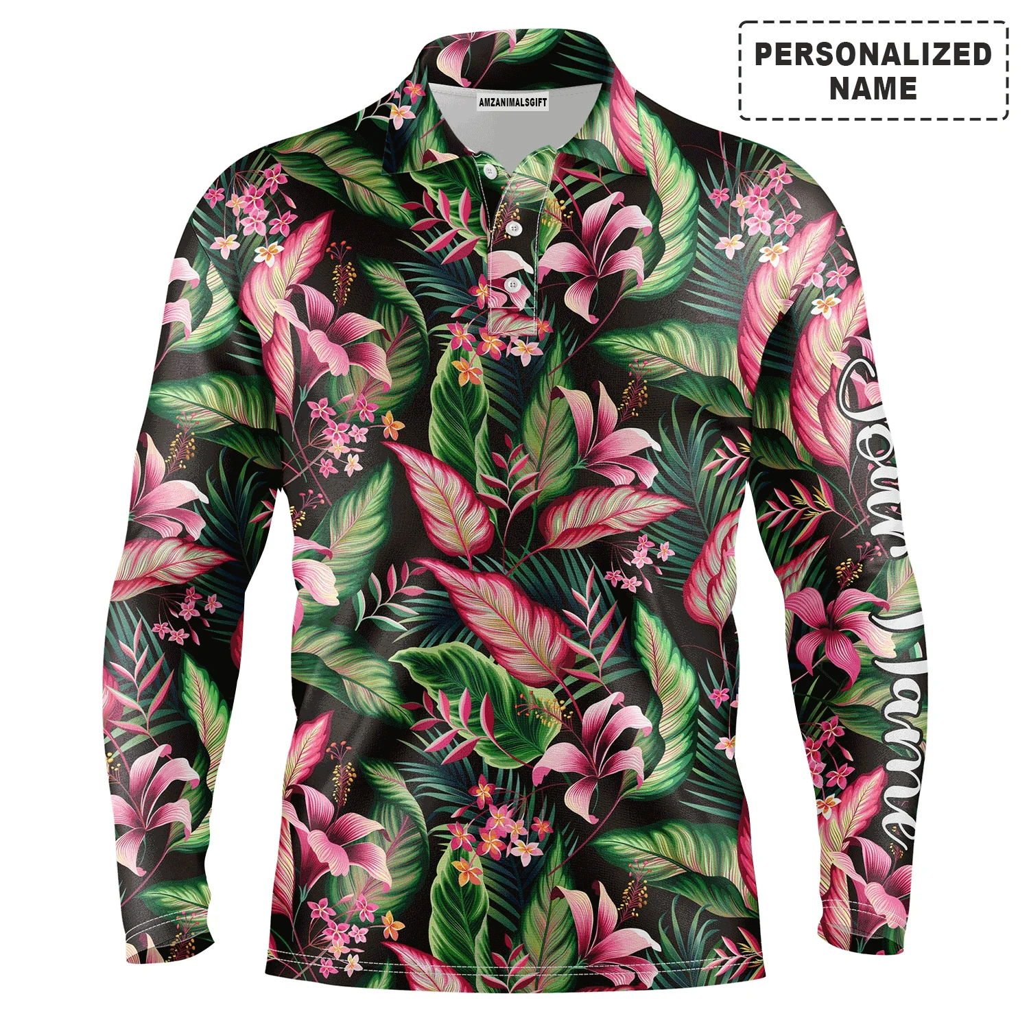 Golf Men Polo Shirt, Custom Name Floral Pattern With Tropical Leaves Apparel - Personalized Sports Gift For Golf Lover, Male, Husband, Boyfriend, Team - Image 2