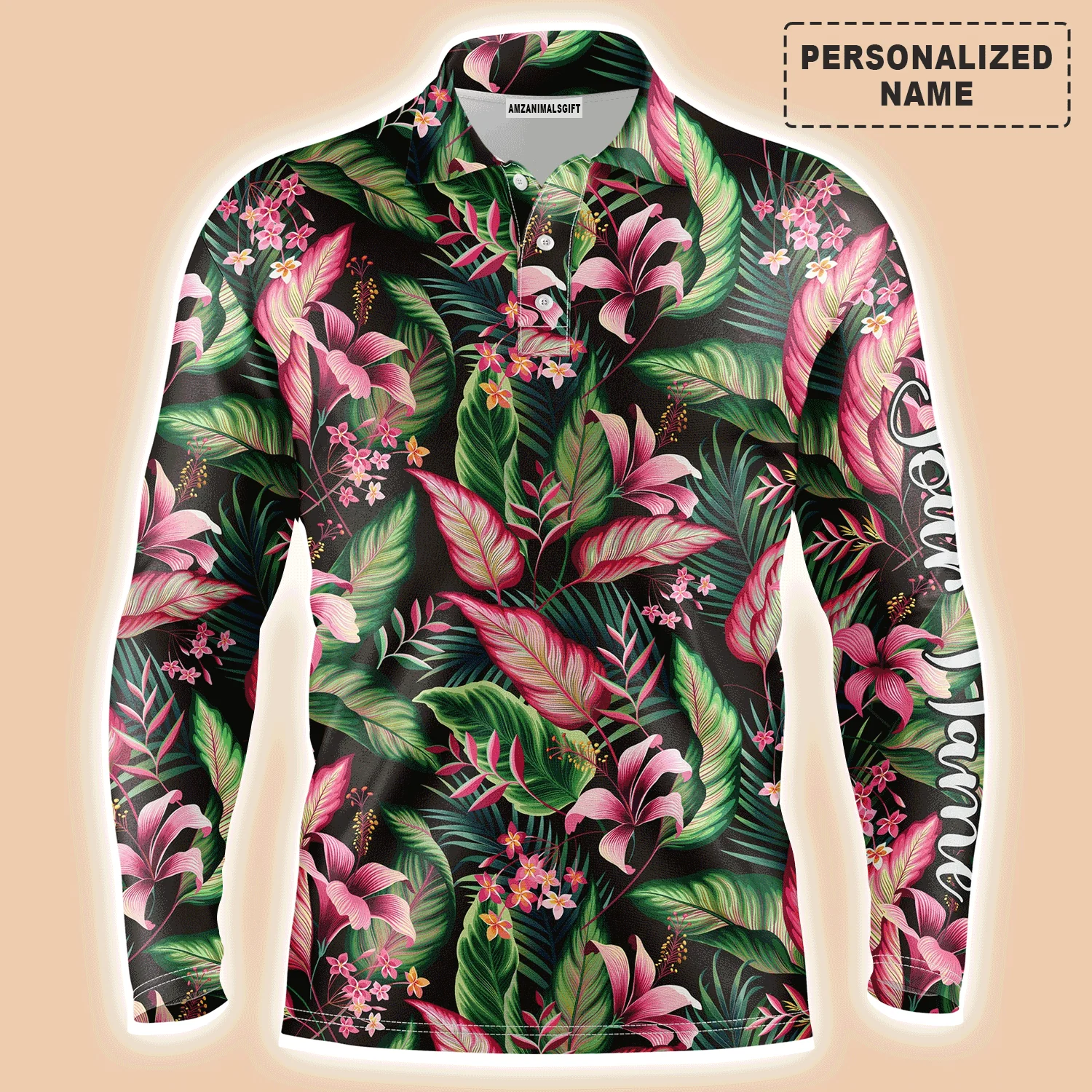 Golf Men Polo Shirt, Custom Name Floral Pattern With Tropical Leaves Apparel - Personalized Sports Gift For Golf Lover, Male, Husband, Boyfriend, Team - Image 3