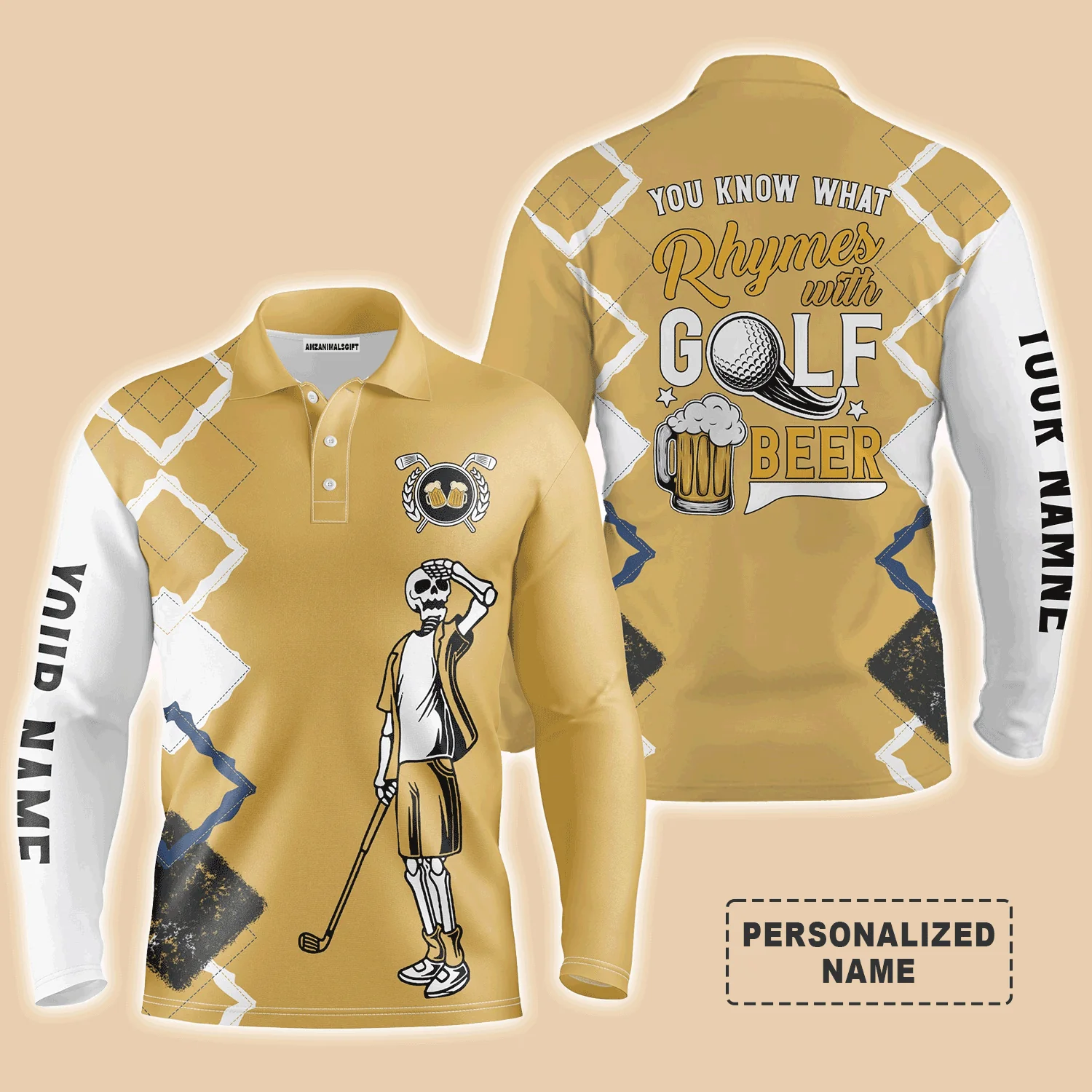 Golf Men Polo Shirt, Custom Name Funny Golf Skull, You Know What Rhymes With Golf Beer Apparel - Personalized Sports Gift For Men, Golf Lover - Image 3