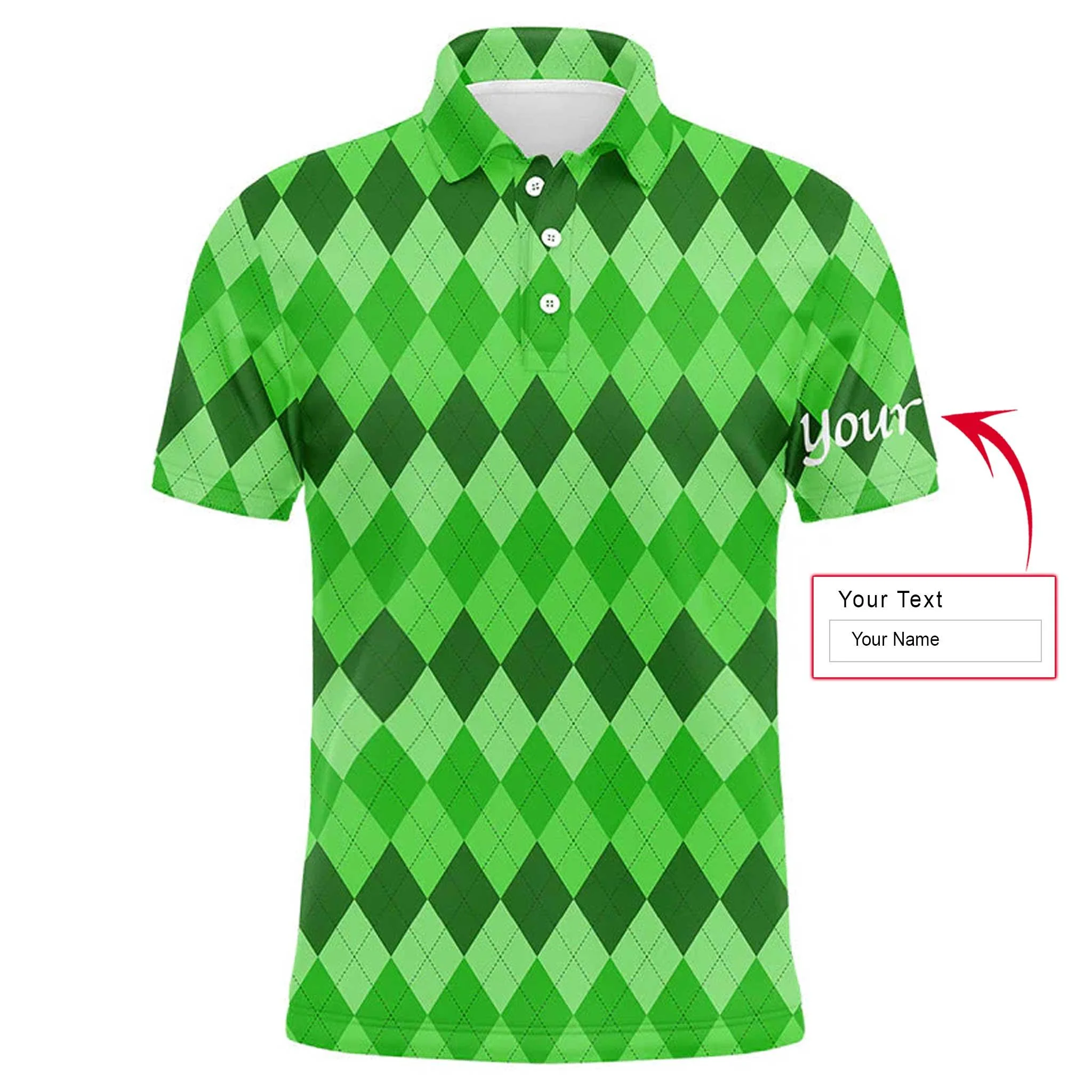 Golf Men Polo Shirt - Custom Name Green Argyle Pattern Apparel - Personalized Sports Gift For Golf Lover, Male, Husband, Team Golf, St Patrick's Day