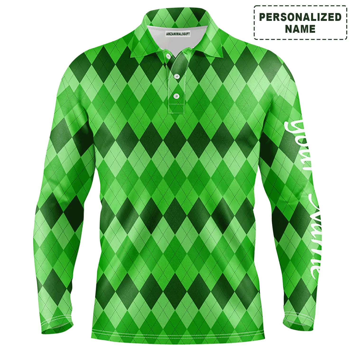 Golf Men Polo Shirt - Custom Name Green Argyle Pattern Apparel - Personalized Sports Gift For Golf Lover, Male, Husband, Team Golf, St Patrick's Day - Image 2
