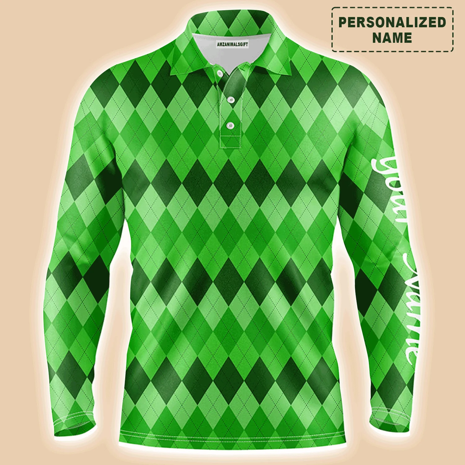 Golf Men Polo Shirt - Custom Name Green Argyle Pattern Apparel - Personalized Sports Gift For Golf Lover, Male, Husband, Team Golf, St Patrick's Day - Image 3