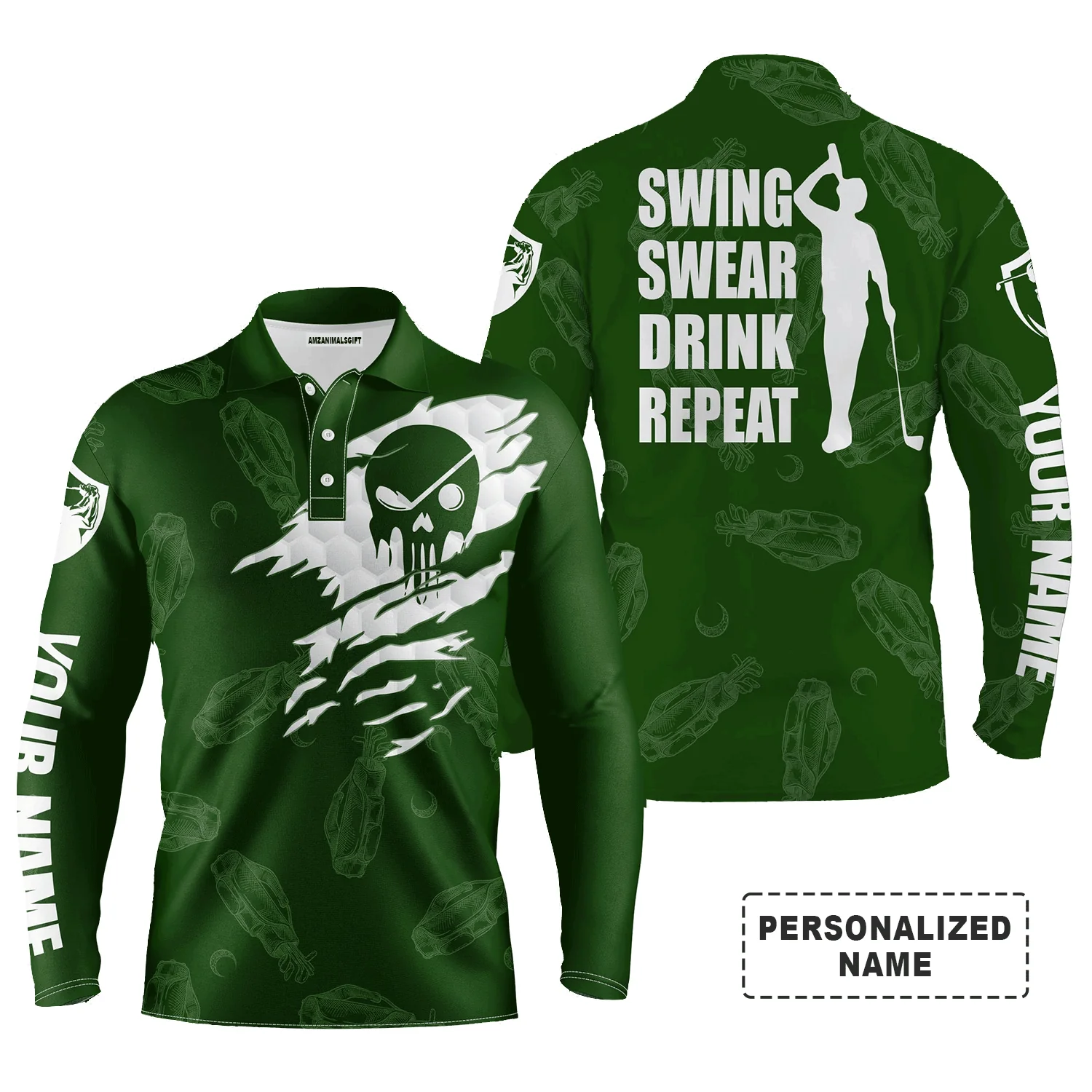Golf Men Polo Shirt - Custom Name Multicolor Golf Clubs Pattern - Swing Swear Drink Repeat Men Polo Shirt For Golf Lover - Image 9