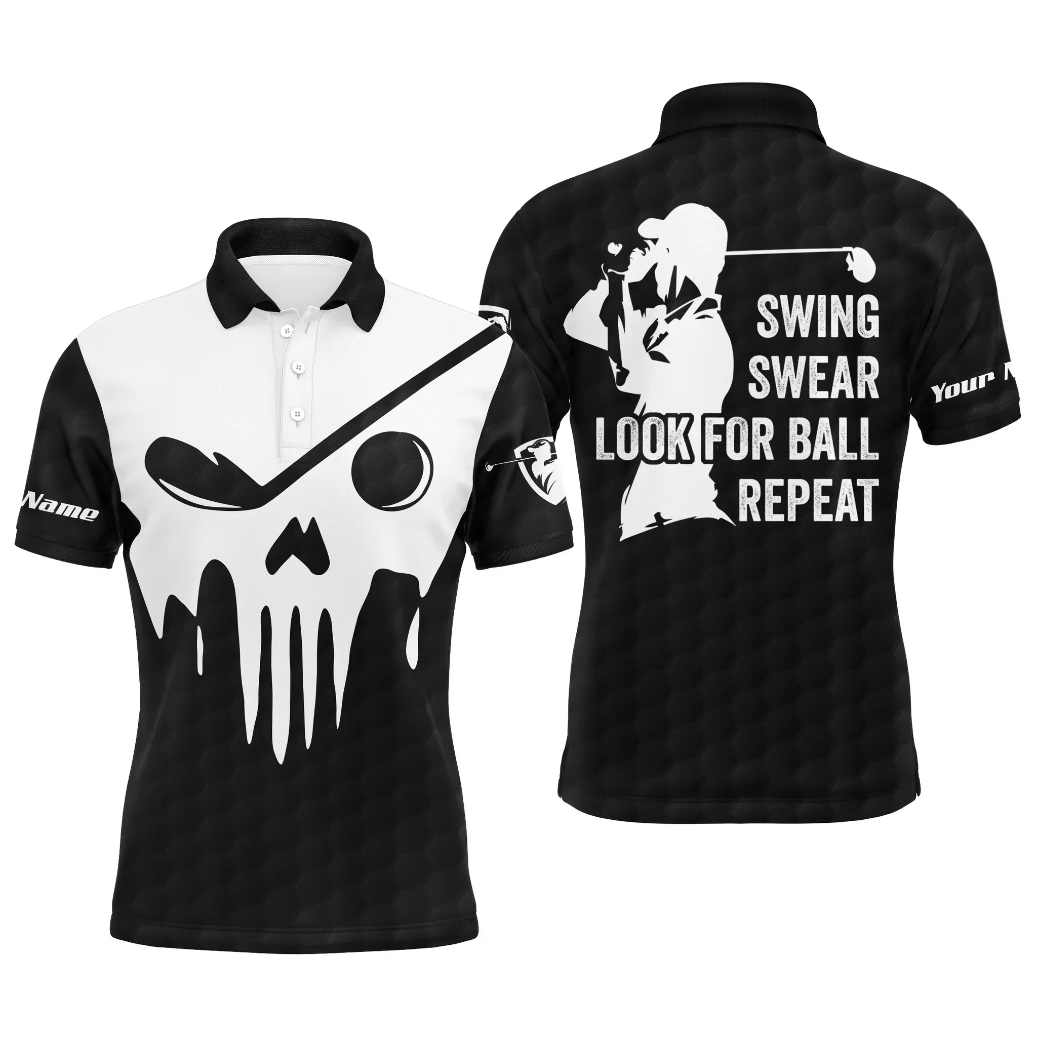 Golf Men Polo Shirt - Custom Name Multicolor Golf Skull - Swing Swear Look For Ball Repeat Men Polo Shirt - Perfect Polo Shirt For Men, Golfers