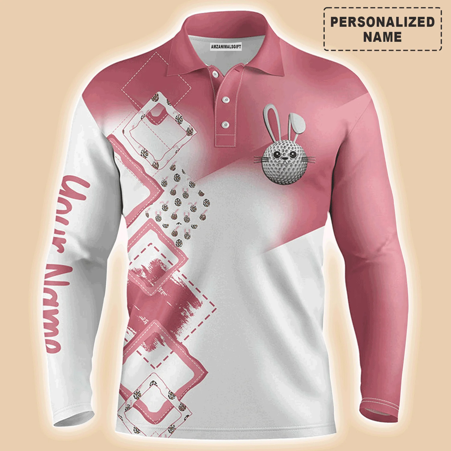 Golf Men Polo Shirt - Custom Name Pink Easter Eggs Bunny Apparel - Personalized Easter Gift For Golf Lover, Male, Husband, Team - Image 3