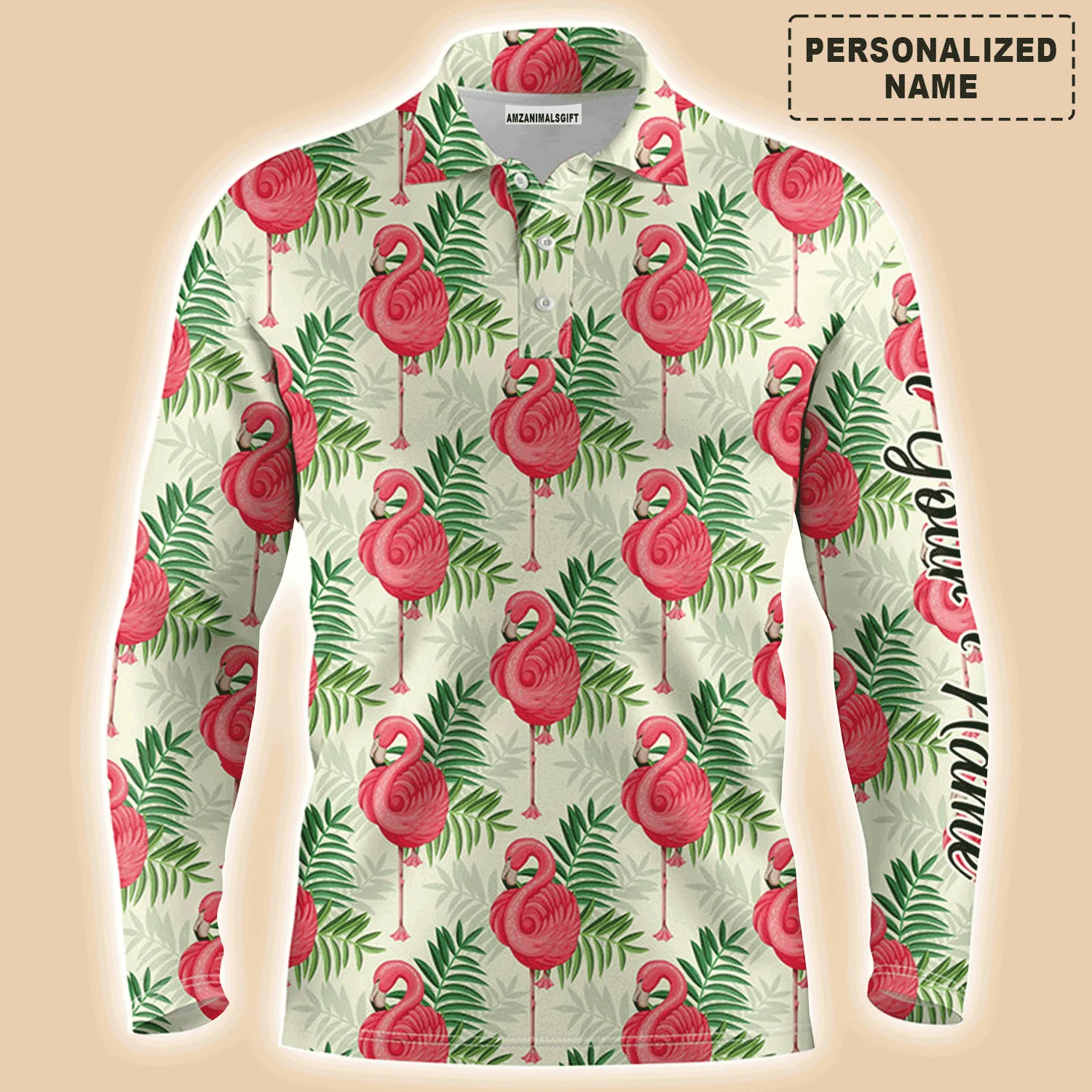 Golf Men Polo Shirt - Custom Name Pink Flamingo Green Tropical Leaf Pattern Apparel - Personalized Gift For Golf Lover, Team, Husband, Boyfriend - Image 2