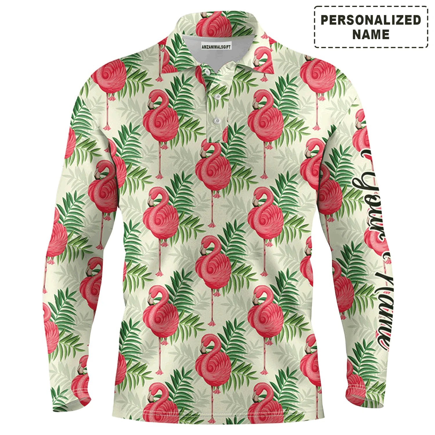 Golf Men Polo Shirt - Custom Name Pink Flamingo Green Tropical Leaf Pattern Apparel - Personalized Gift For Golf Lover, Team, Husband, Boyfriend - Image 3