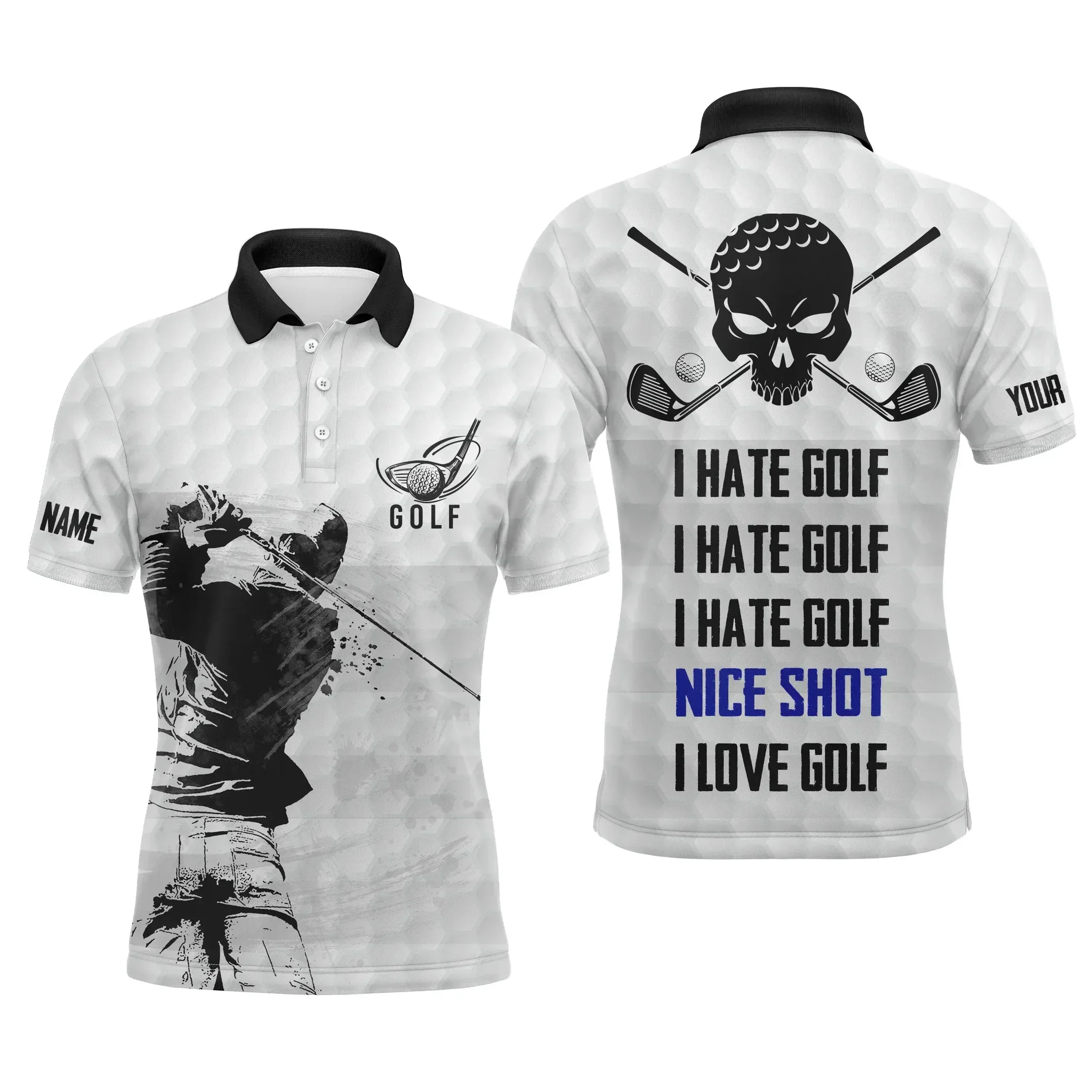 Golf Men Polo Shirt - Custom Name Skull Apparel - I Hate Golf Nice Shot I Love Golf Men Polo Shirt - Perfect Polo Shirt For Men, Golfers - Image 2