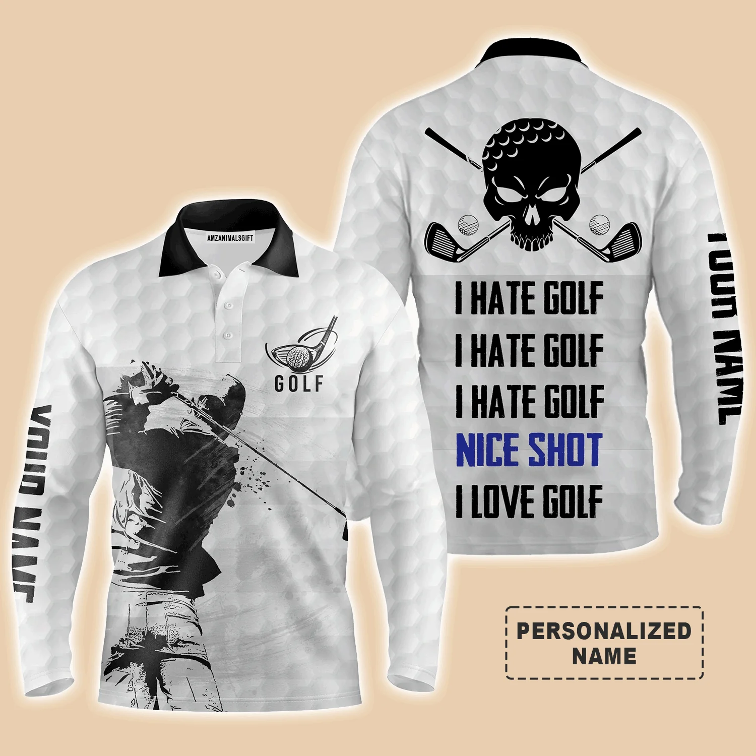 Golf Men Polo Shirt - Custom Name Skull Apparel - I Hate Golf Nice Shot I Love Golf Men Polo Shirt - Perfect Polo Shirt For Men, Golfers - Image 3