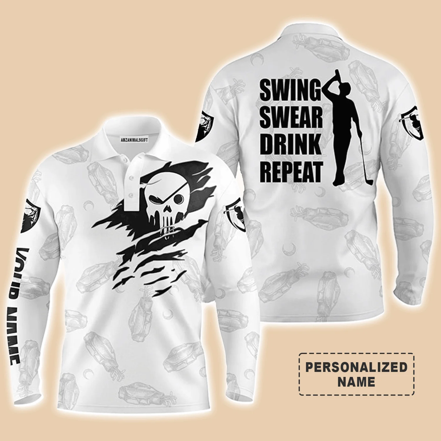 Golf Men Polo Shirt - Custom Name Skull Golf Clubs Pattern White Apparel - Swing Swear Drink Repeat Men Polo Shirt - Perfect Polo Shirt For Men, Golfers - Image 2