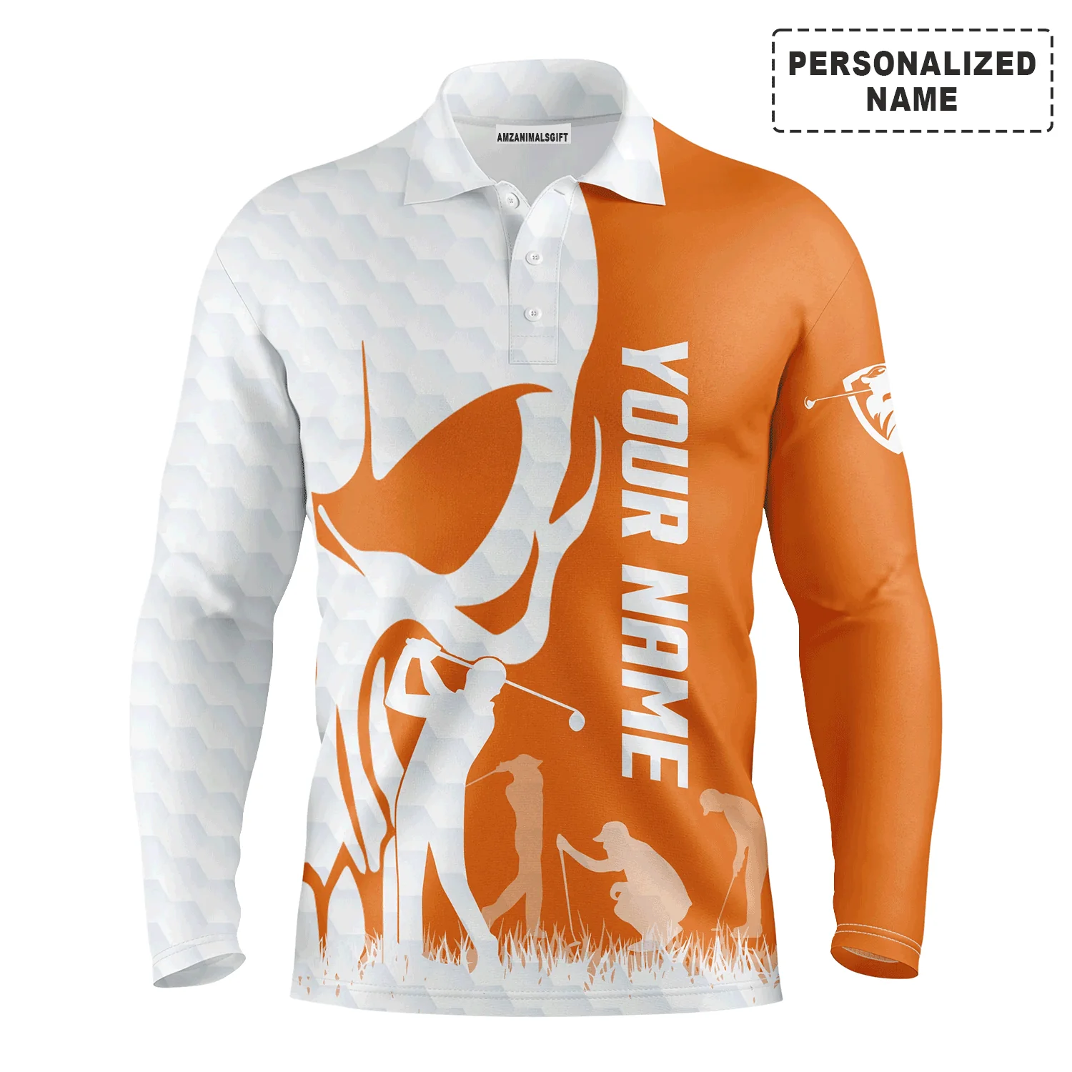 Golf Men Polo Shirt - Custom Name Skull White Golf Ball, Orange Apparel - Personalized Gift For Golf Lover, Team, Husband, Boyfriend, Men - Image 3