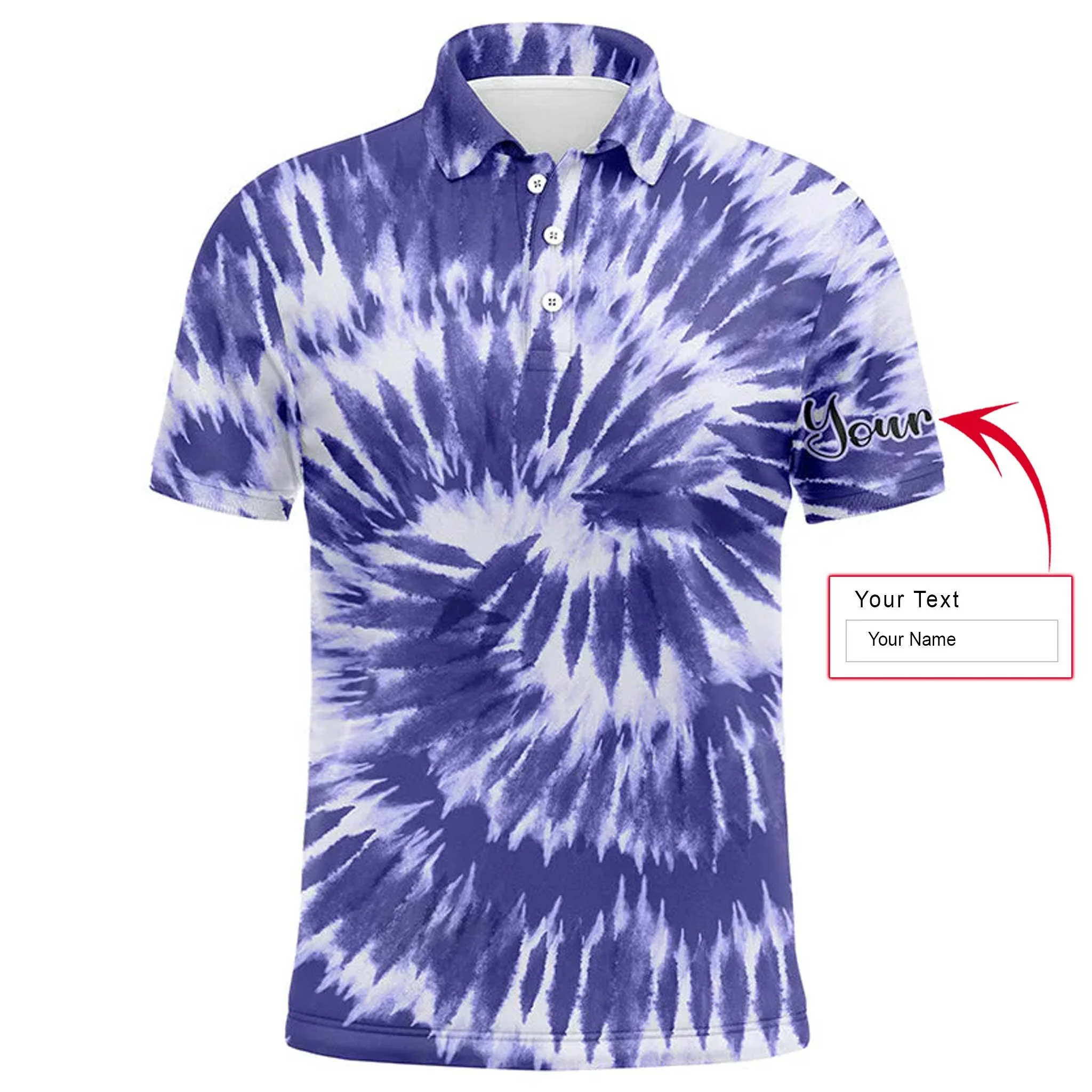 Golf Men Polo Shirt - Custom Name Violet Purple Tie Dye Background Apparel Men Golf Polo Shirt - Personalized Gift For Golf Lover, Male, Husband, Team Golf