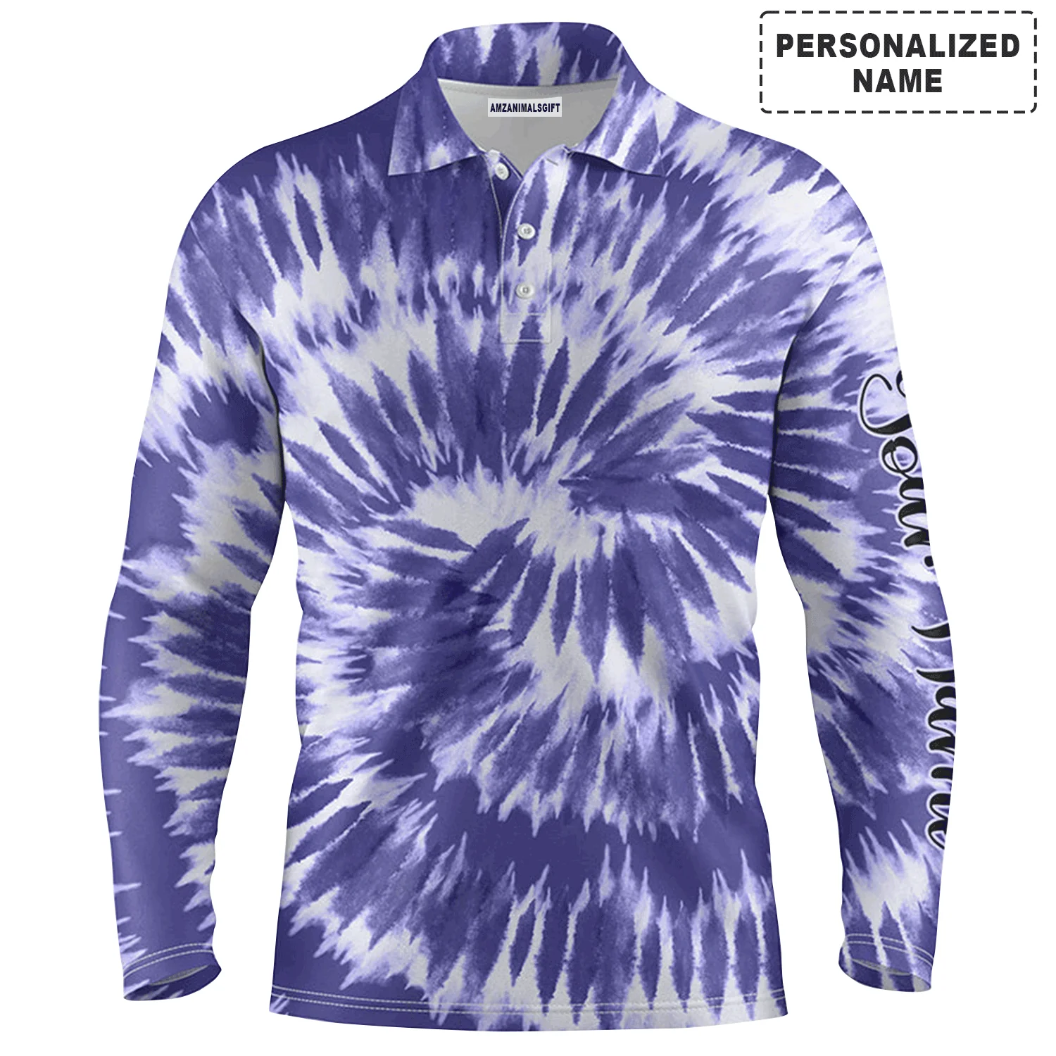 Golf Men Polo Shirt - Custom Name Violet Purple Tie Dye Background Apparel Men Golf Polo Shirt - Personalized Gift For Golf Lover, Male, Husband, Team Golf - Image 2