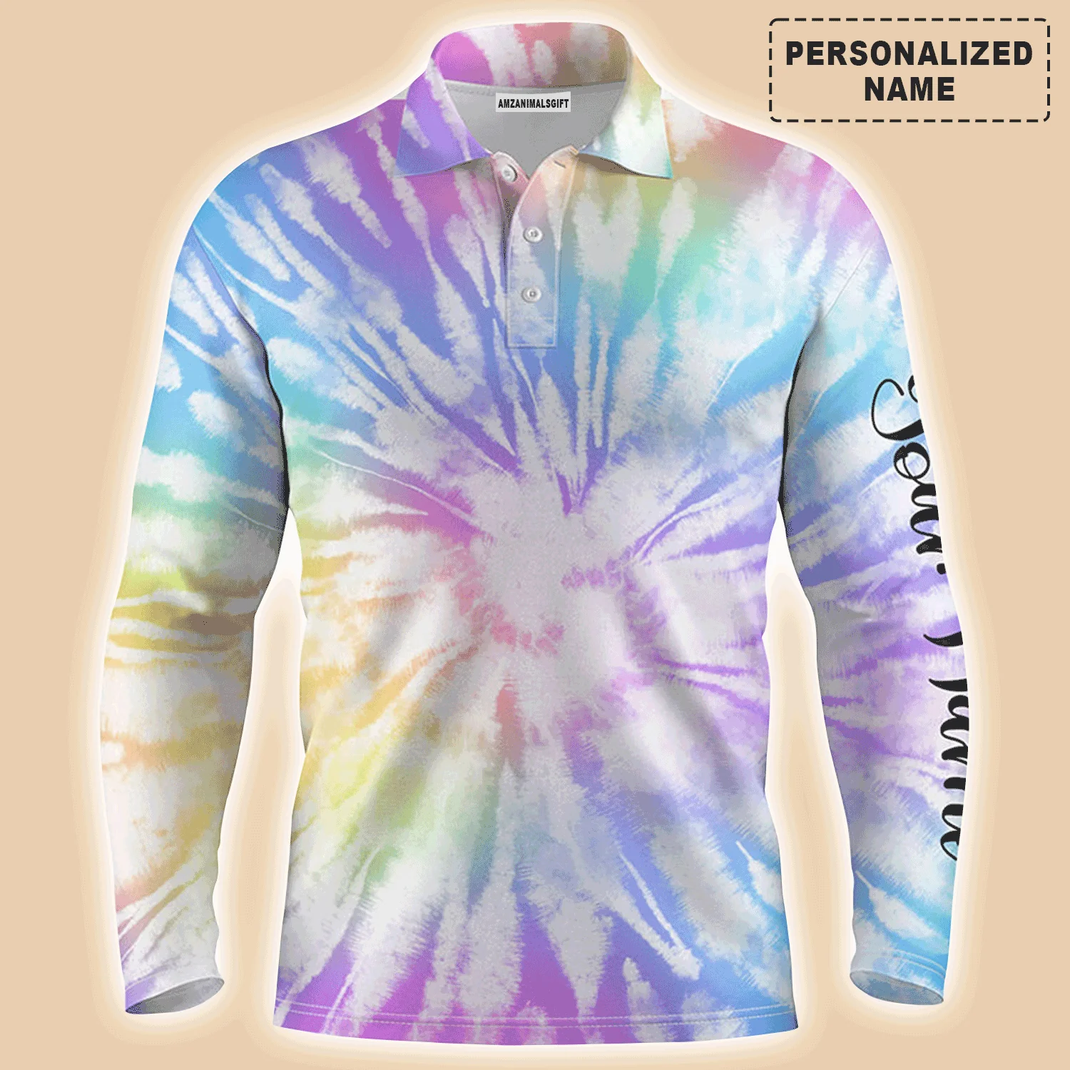 Golf Men Polo Shirt, Custom Name Watercolor Tie Dye Background Apparel - Personalized Sports Gift For Men, Husband, Boyfriend, Golf Lover - Image 3