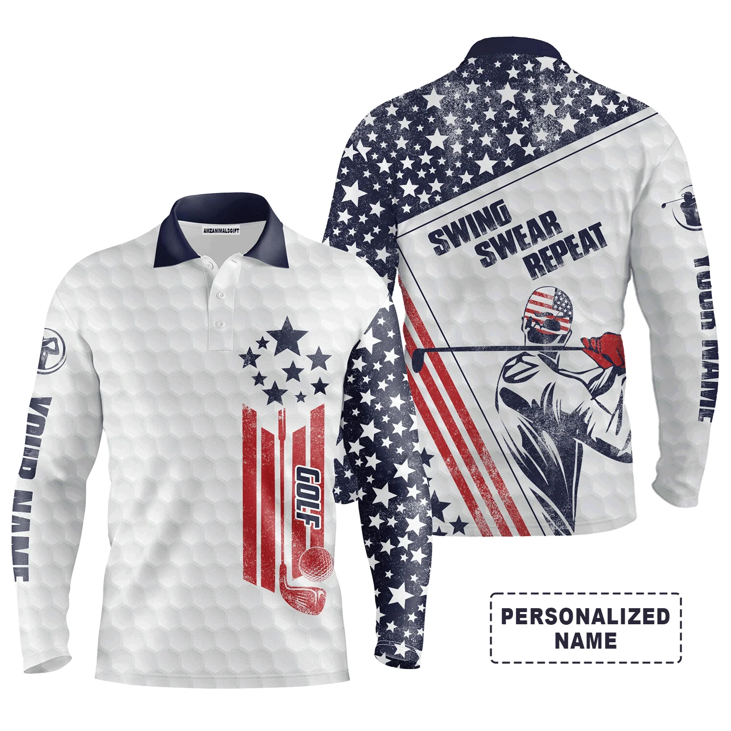 Golf Men Polo Shirt, Custom Name White American Flag Swing Swear Repeat Apparel - Personalized Sports Gift For Golf Lover, Male, Husband, Patriotic - Image 2