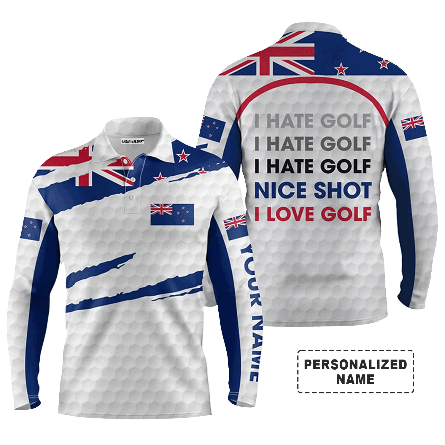 Golf Men Polo Shirt - Custom Name Zealand Flag Apparel, New I Hate Golf Nice Shot I Love Golf Men Golf Polo Shirt - Perfect Polo Shirt For Men, Golfers - Image 2