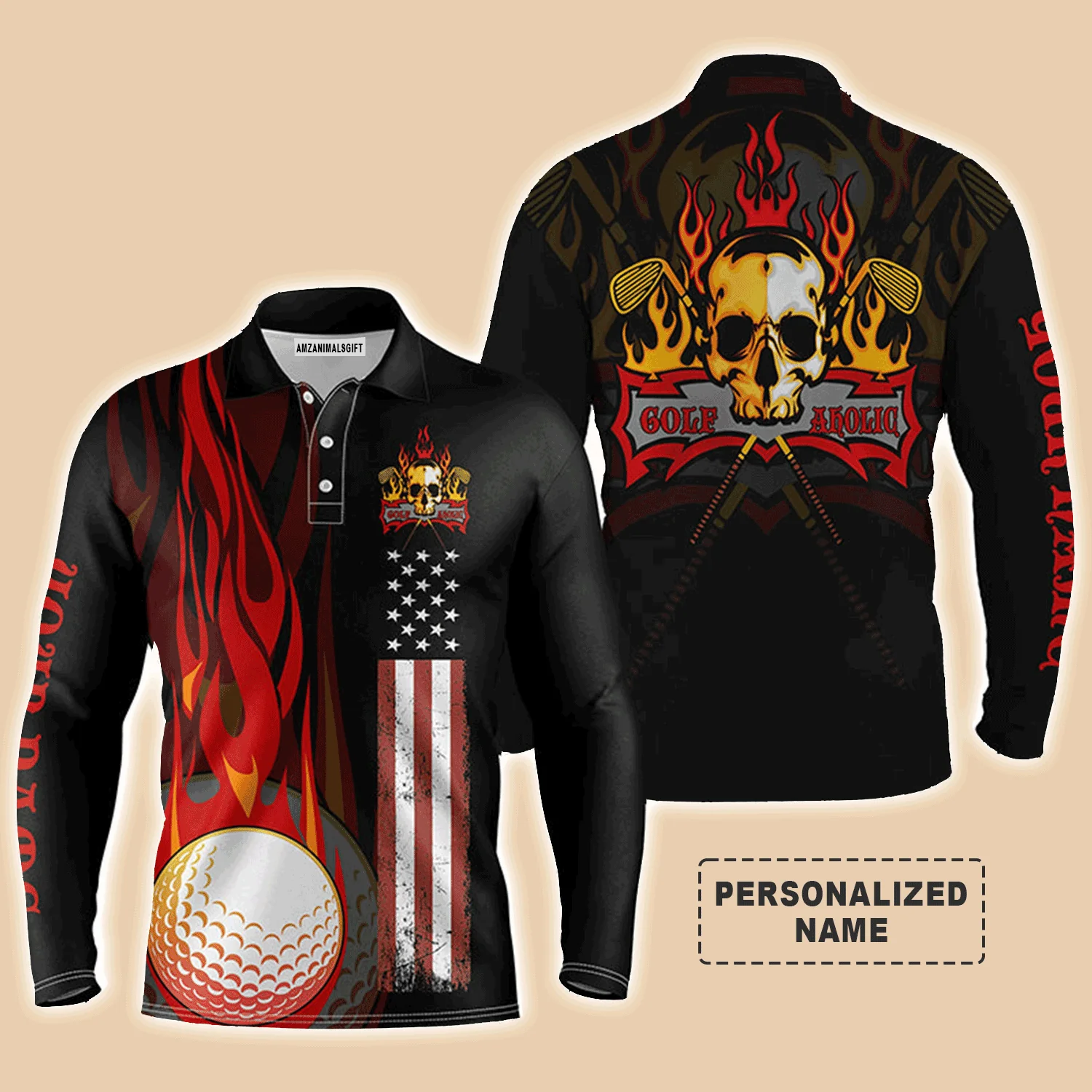 Golf Men Polo Shirt - Flame Skull Golf Ball American Flag Custom Name Apparel Men Golf Polo Shirt - Perfect Polo Shirt For Men, Golfers - Image 3