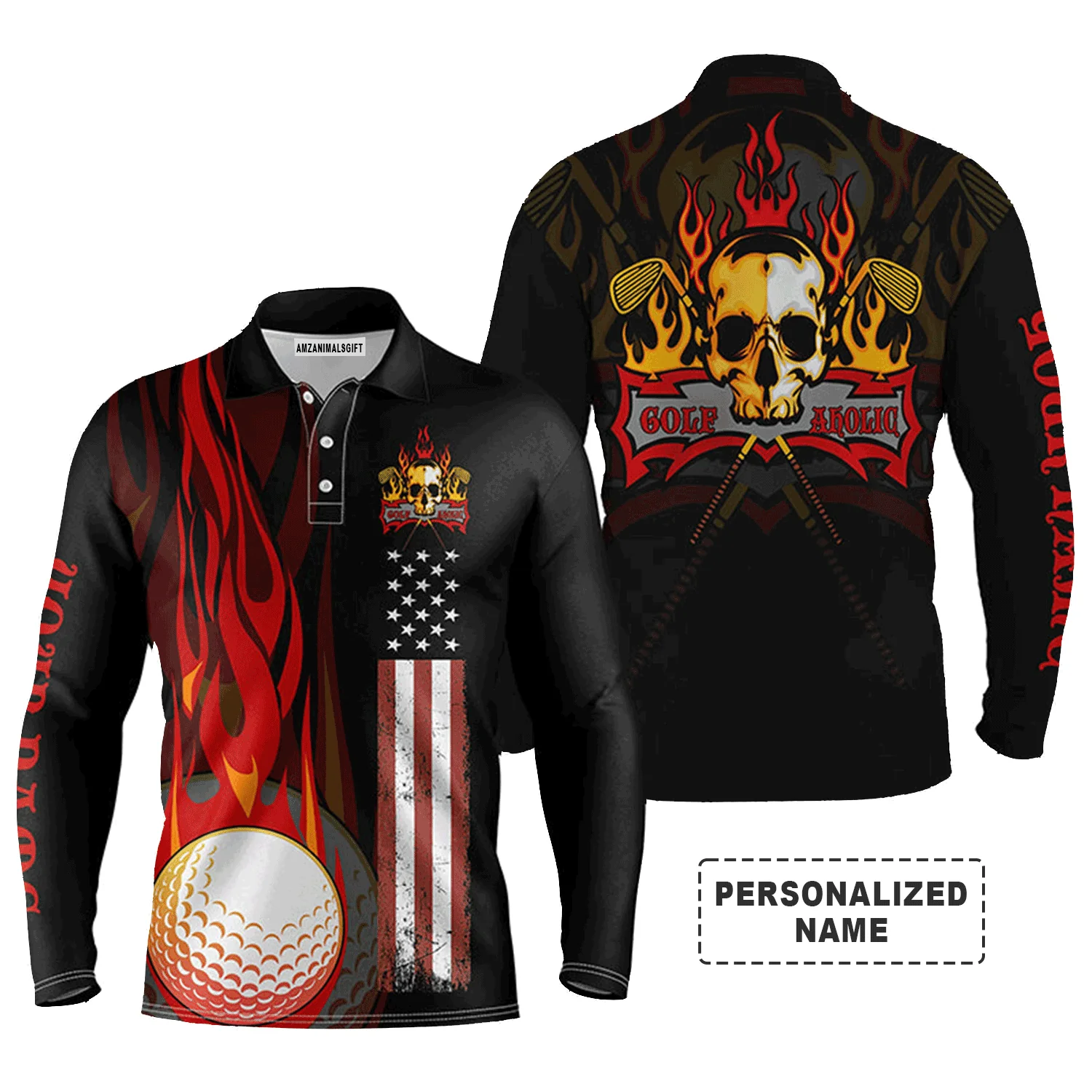 Golf Men Polo Shirt - Flame Skull Golf Ball American Flag Custom Name Apparel Men Golf Polo Shirt - Perfect Polo Shirt For Men, Golfers - Image 4