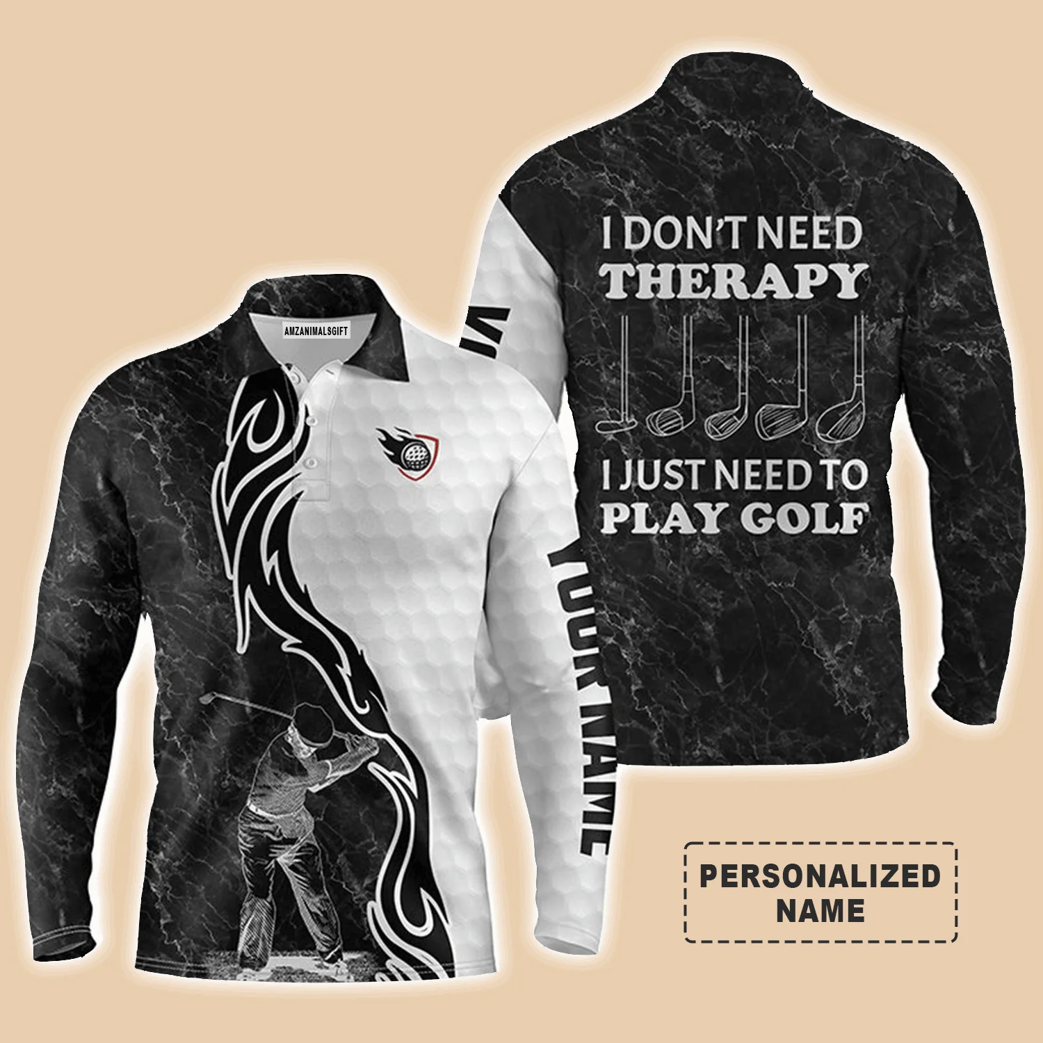 Golf Men Polo Shirt - Funny Black White Custom Name Apparel, I Don't Need Therapy, I Just Need To Play Golf Men Golf Polo Shirt - Perfect Polo Shirt For Men - Image 3