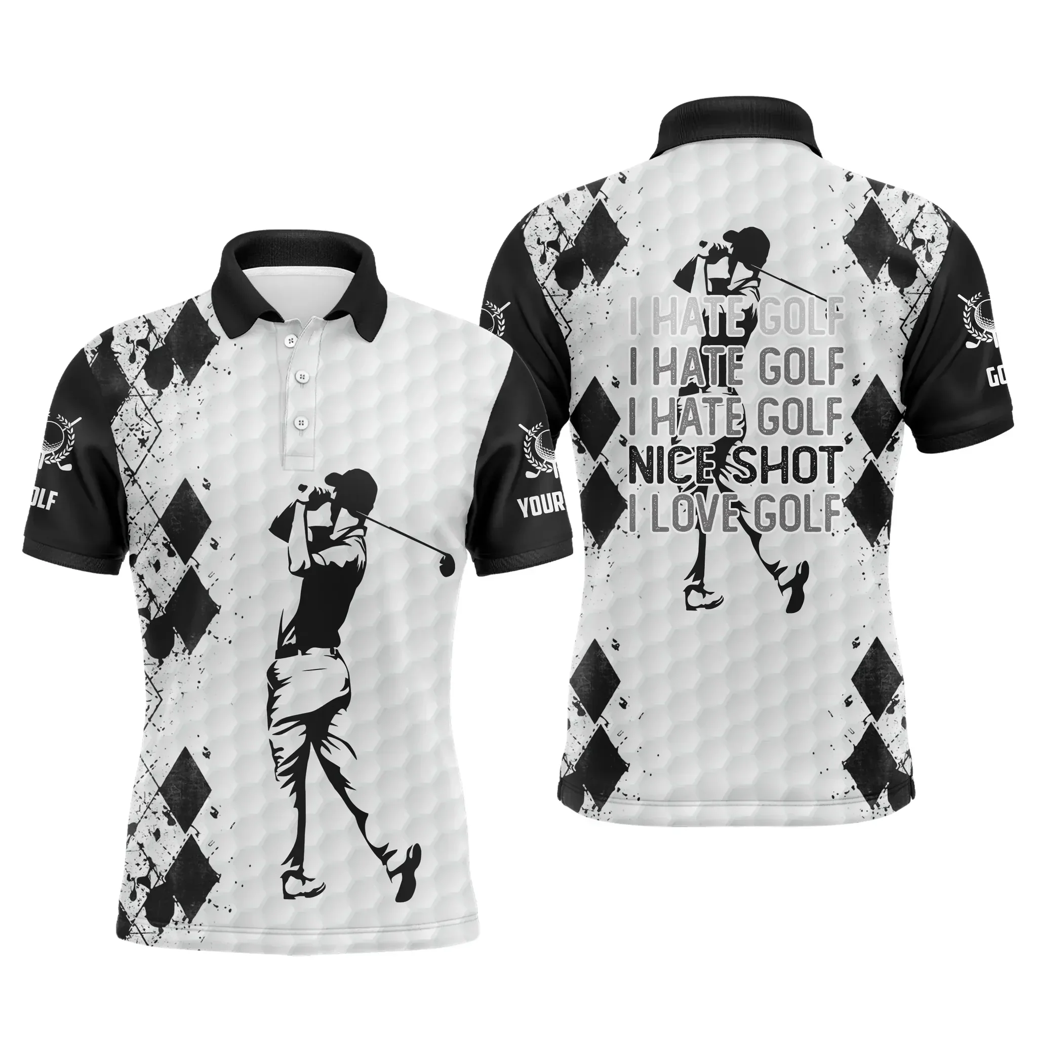 Golf Men Polo Shirt - Funny Custom Name Black White Apparel, I Hate Golf Nice Shot I Love Golf Men Golf Polo Shirt - Perfect Polo Shirt For Men, Golfers