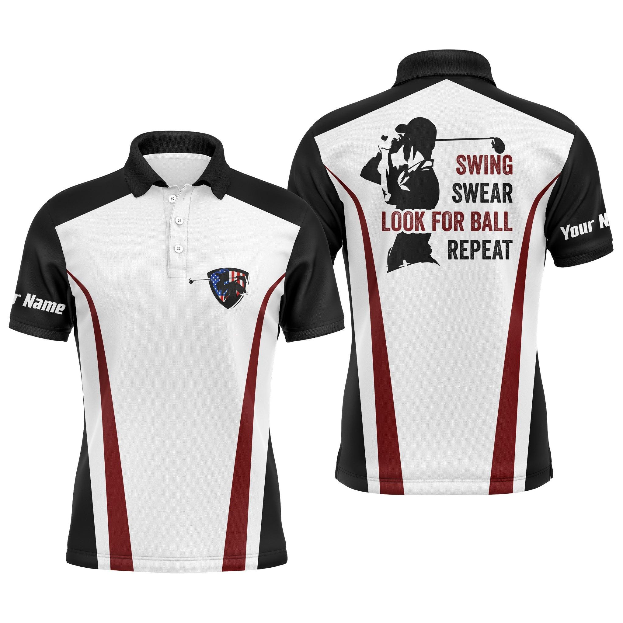 Golf Men Polo Shirt - Funny Custom Name Black White Red Apparel, Swing Swear Look For Ball Repeat Men Golf Polo Shirt - Perfect Polo Shirt For Men, Golfers