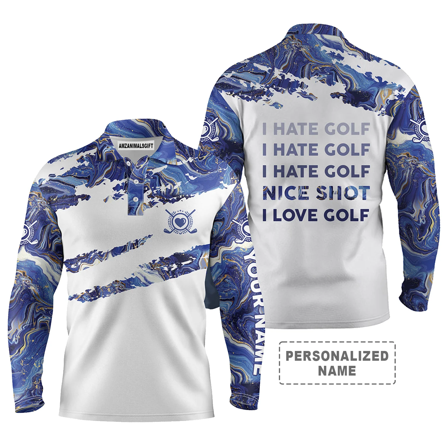Golf Men Polo Shirt - Funny Custom Name Blue Pattern Apparel, I Hate Golf Nice Shot I Love Golf Men Golf Polo Shirt - Perfect Polo Shirt For Men, Golfers - Image 2