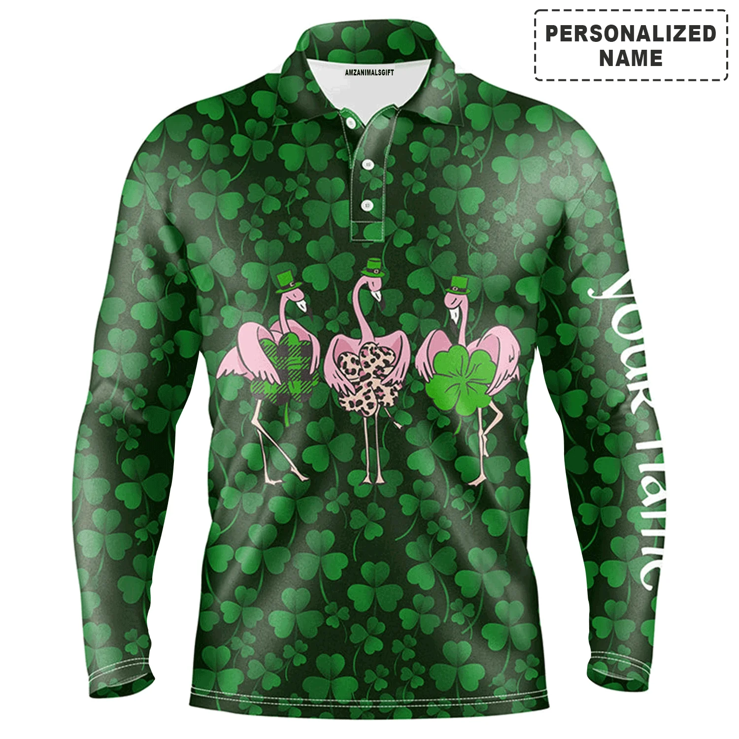 Golf Men Polo Shirt - Funny Custom Name Green Clover St Patrick's Day Background Flamingo Apparel - Personalized Sports Gift For Golf Lover, Male - Image 2