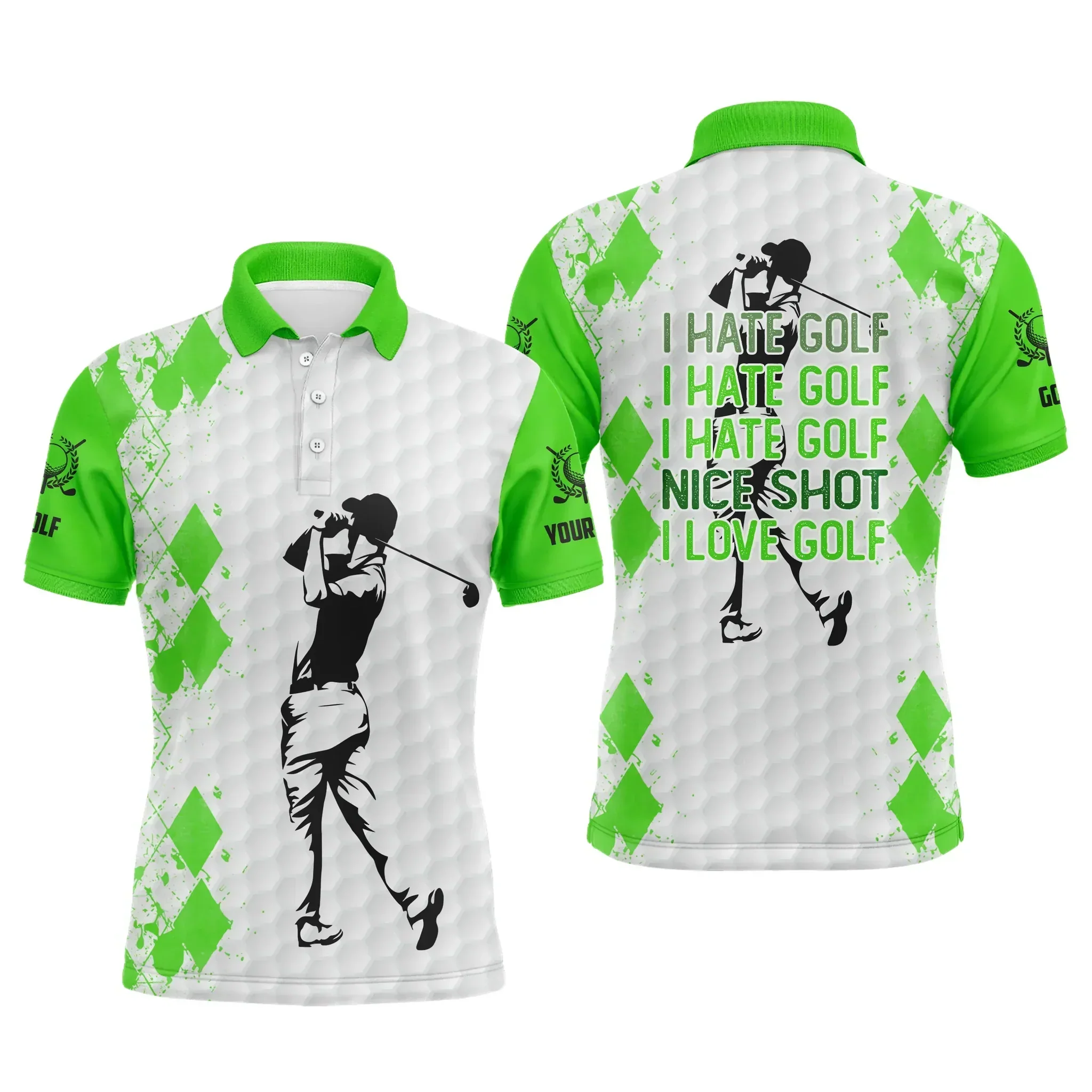 Golf Men Polo Shirt - Funny Custom Name Green White Apparel, I Hate Golf Nice Shot I Love Golf Men Golf Polo Shirt - Perfect Polo Shirt For Men, Golfers
