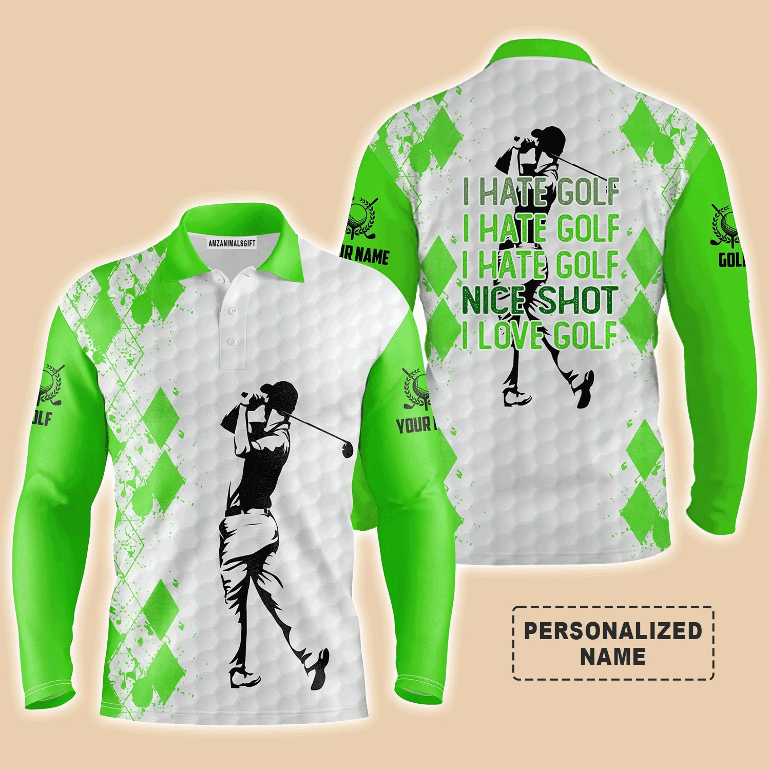 Golf Men Polo Shirt - Funny Custom Name Green White Apparel, I Hate Golf Nice Shot I Love Golf Men Golf Polo Shirt - Perfect Polo Shirt For Men, Golfers - Image 3