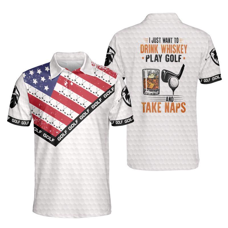 Golf Men Polo Shirt, Golf And Whiskey Polo Shirts For Men, American Flag Polo Shirts, Golf Pattern Men's Short Sleeve Polo Shirt