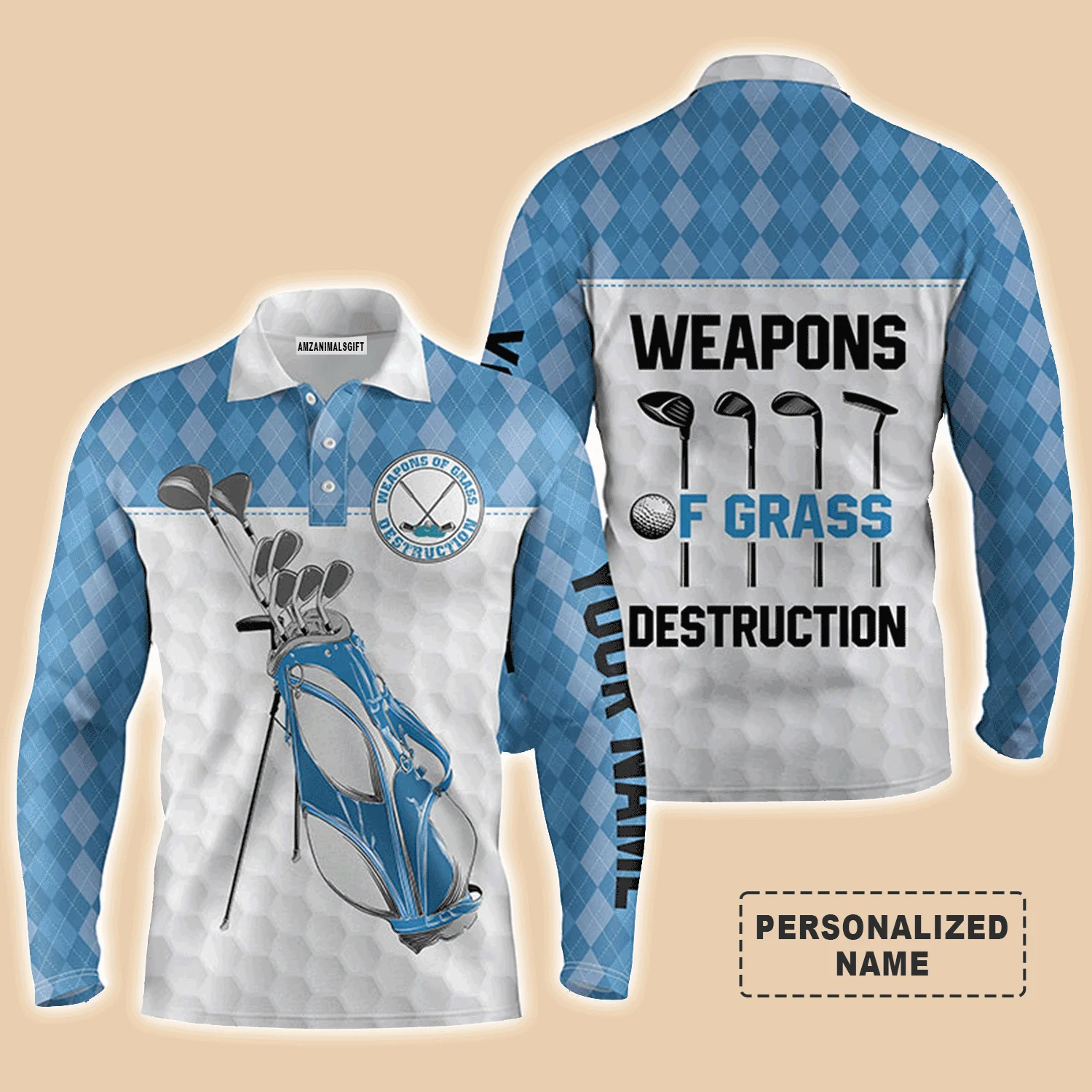 Golf Men Polo Shirt - Golf Bag Clubs Custom Name Apparel - Weapons Of Grass Destruction - Personalized Gift For Golf Lover, Team, Male Players, Golfer - Image 2
