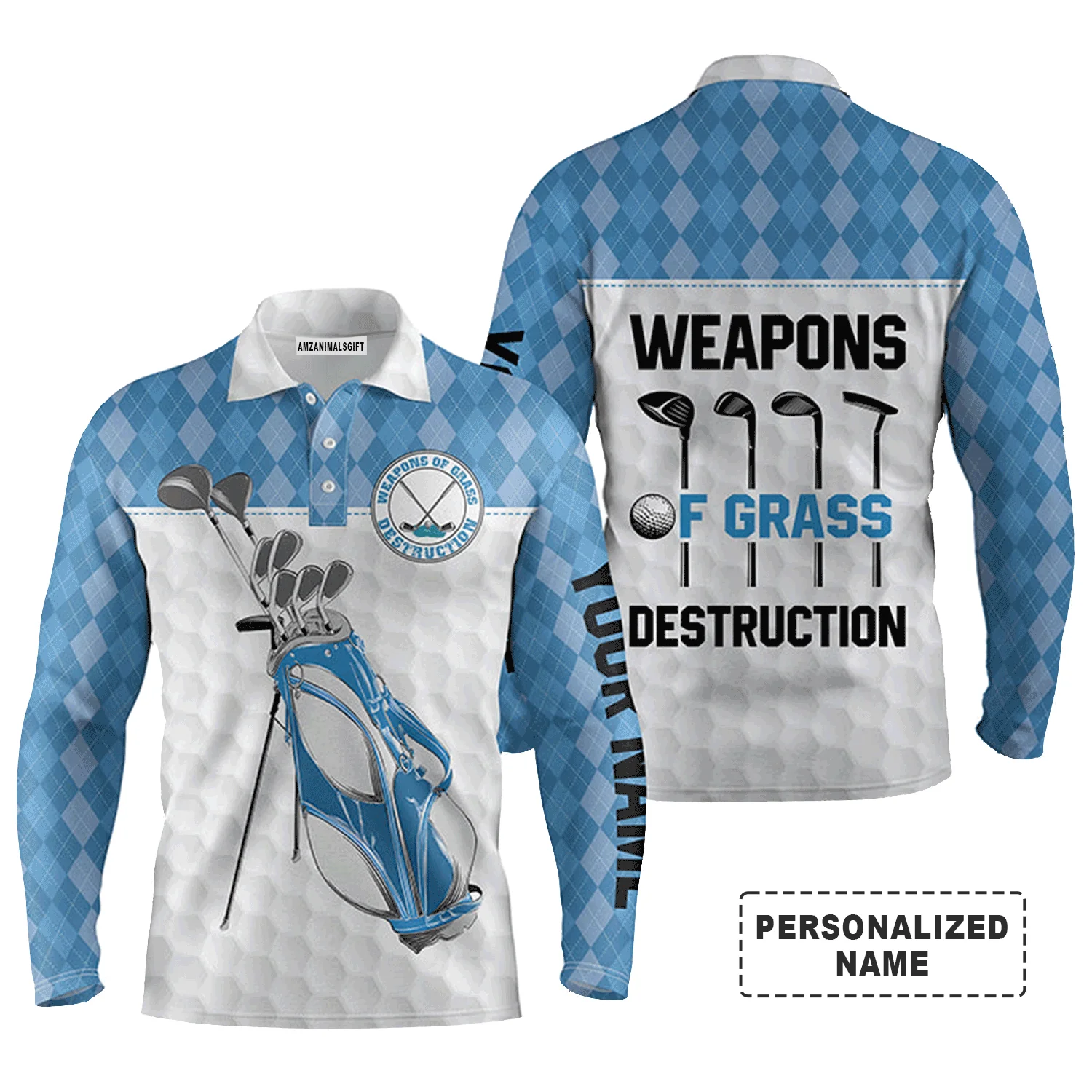 Golf Men Polo Shirt - Golf Bag Clubs Custom Name Apparel - Weapons Of Grass Destruction - Personalized Gift For Golf Lover, Team, Male Players, Golfer - Image 3