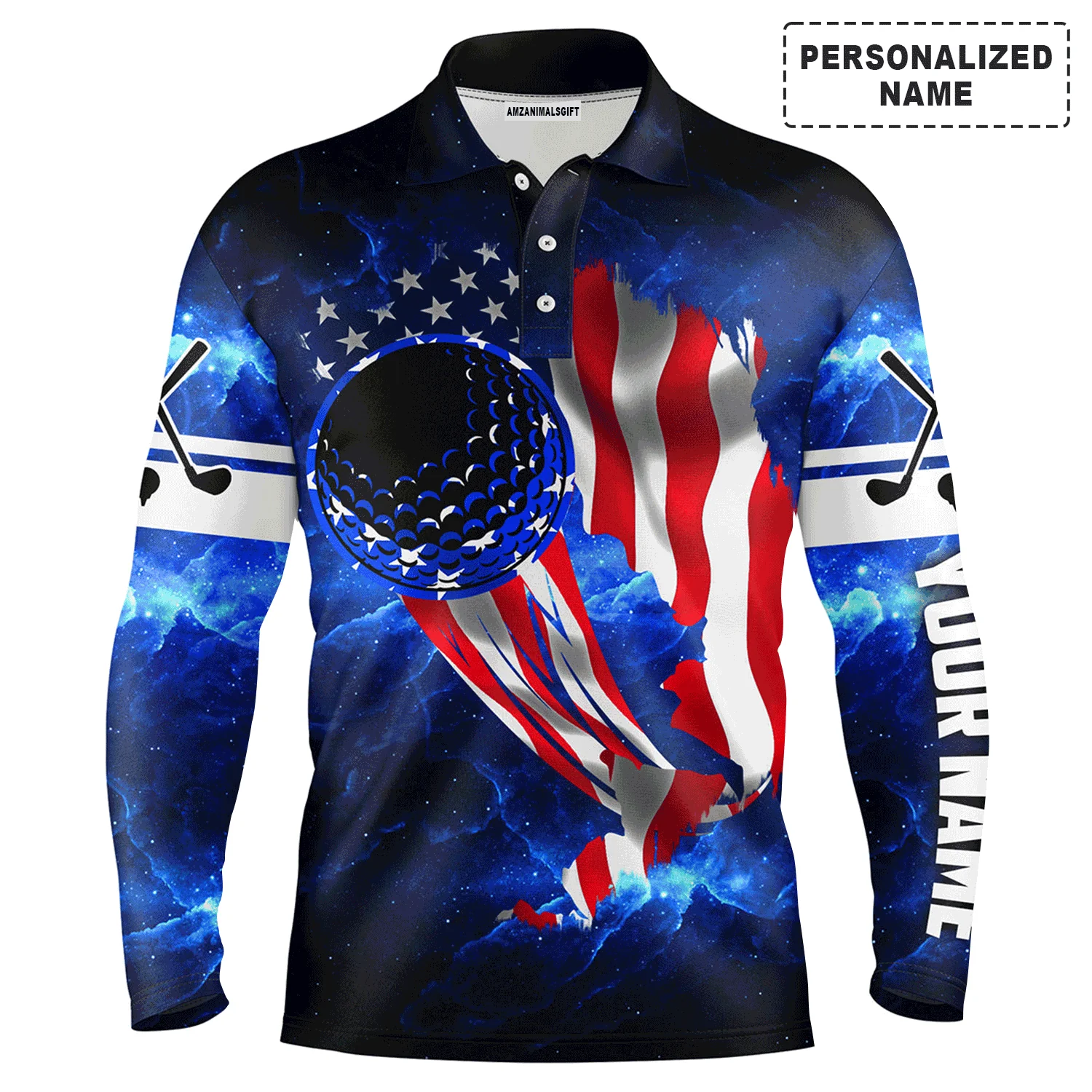 Golf Men Polo Shirt - Golf Ball Blue Galaxy Universe American Flag Custom Name Apparel, Personalized Gift For Golf Lover, Male, Husband, Patriot, Team - Image 2