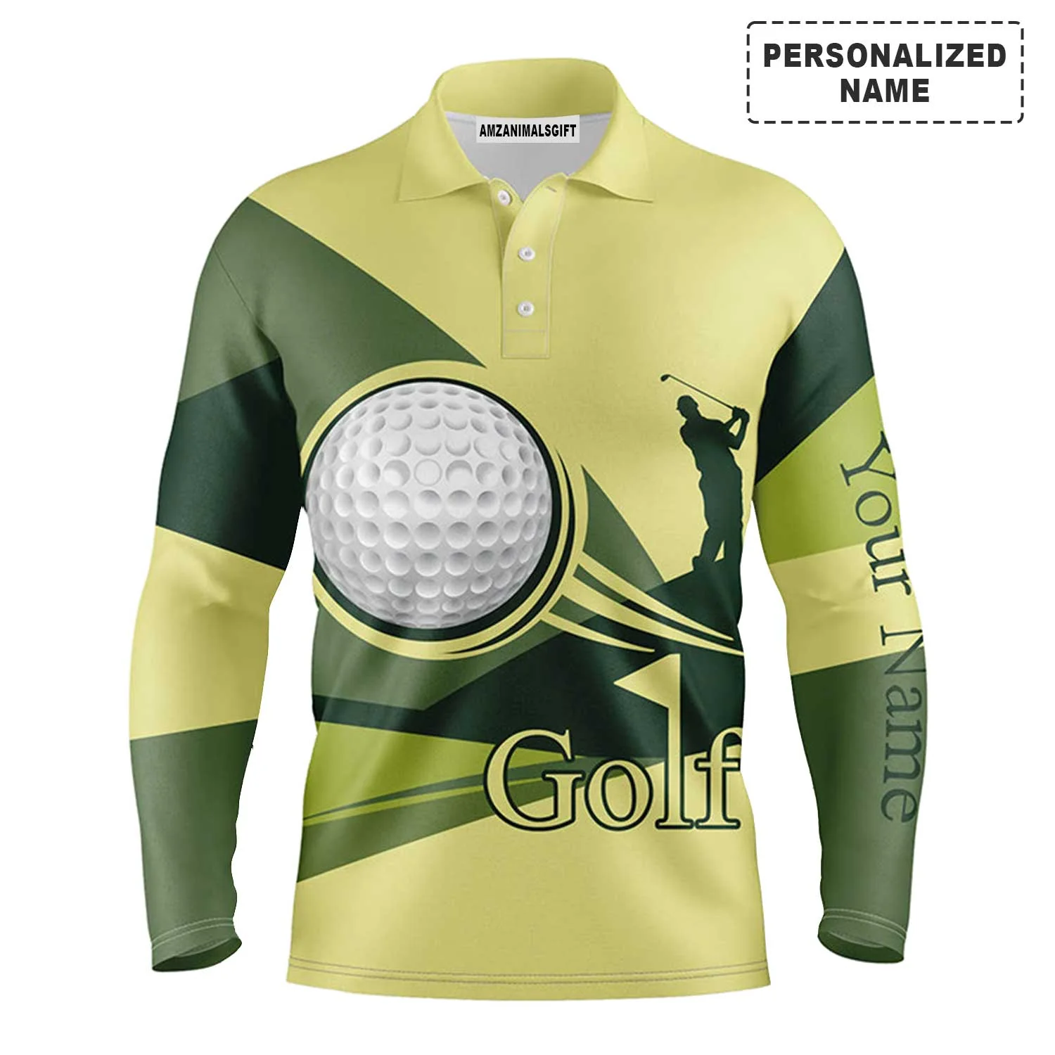 Golf Men Polo Shirt - Golf Balls Pattern Custom Name Green Yellow Apparel - Personalized Gift For Golf Lover, Team, Golfer - Image 2