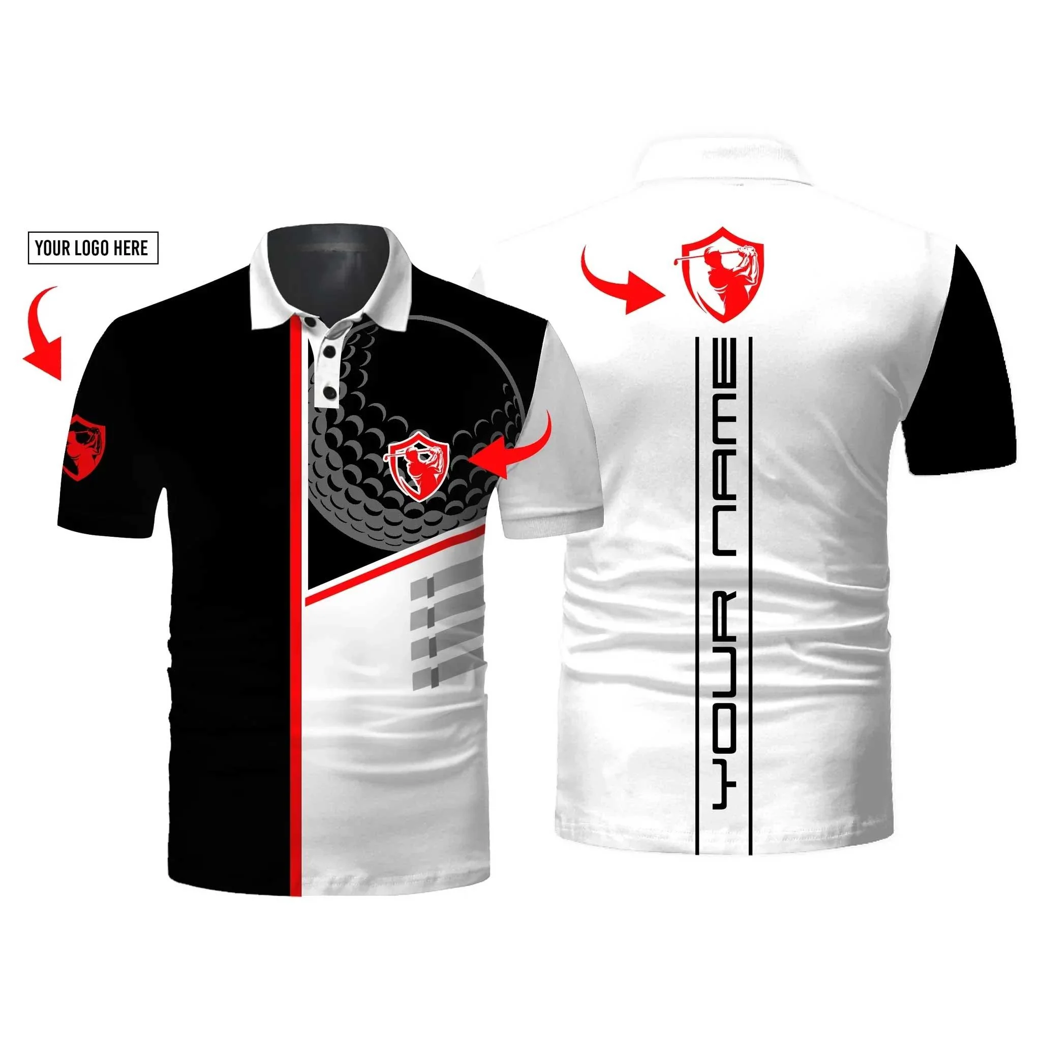 Golf Men Polo Shirt, Golf Club Custom Name And Logo Black & White All-Over Print - Personalized Sports Gifts For Men, Husband, Boyfriend, Golf Lover