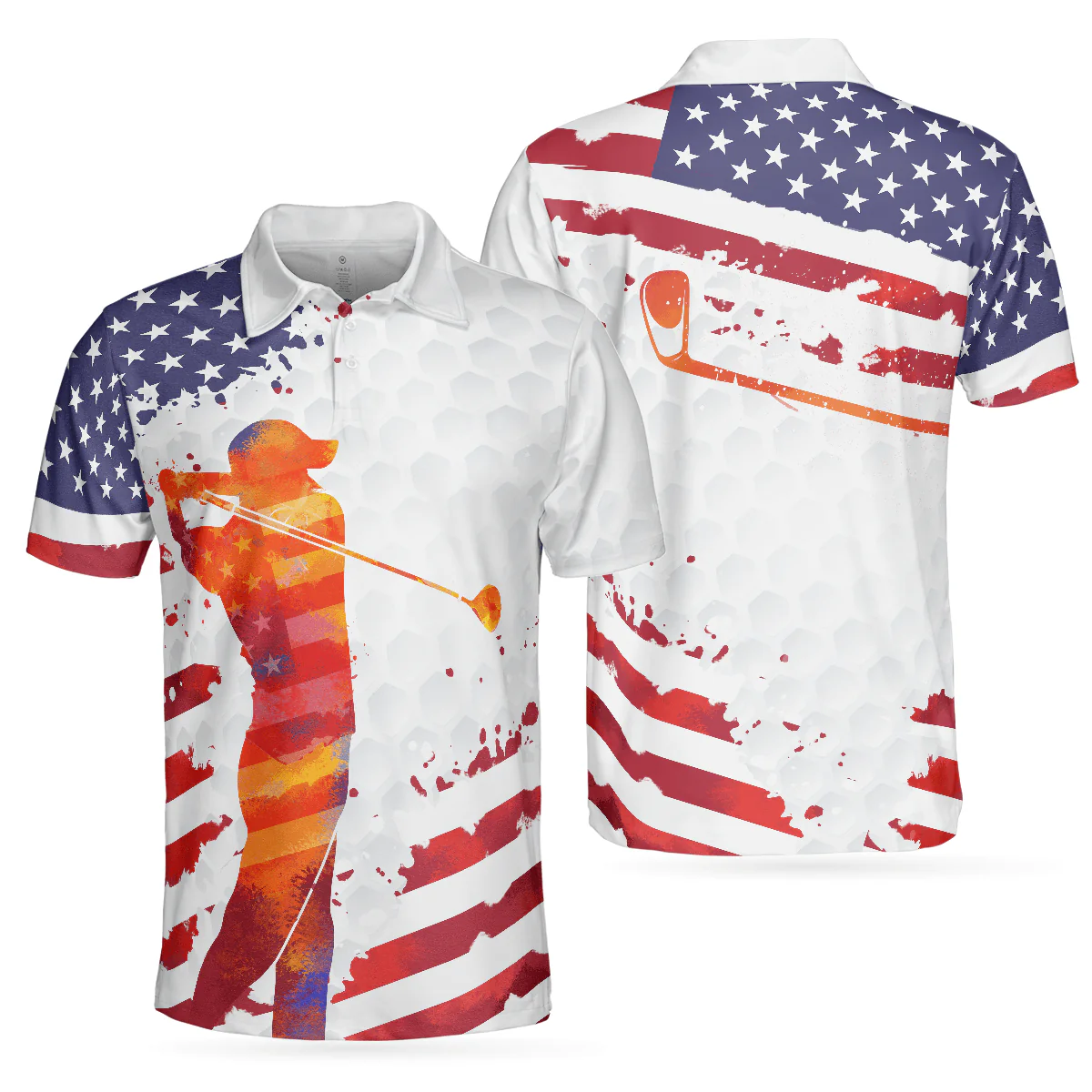 Golf Men Polo Shirt, Golf Swing Abstract with American Flag Independence Day Polo Shirts For Men, 4th Of July Gift For Golfers, Golf Team Lovers