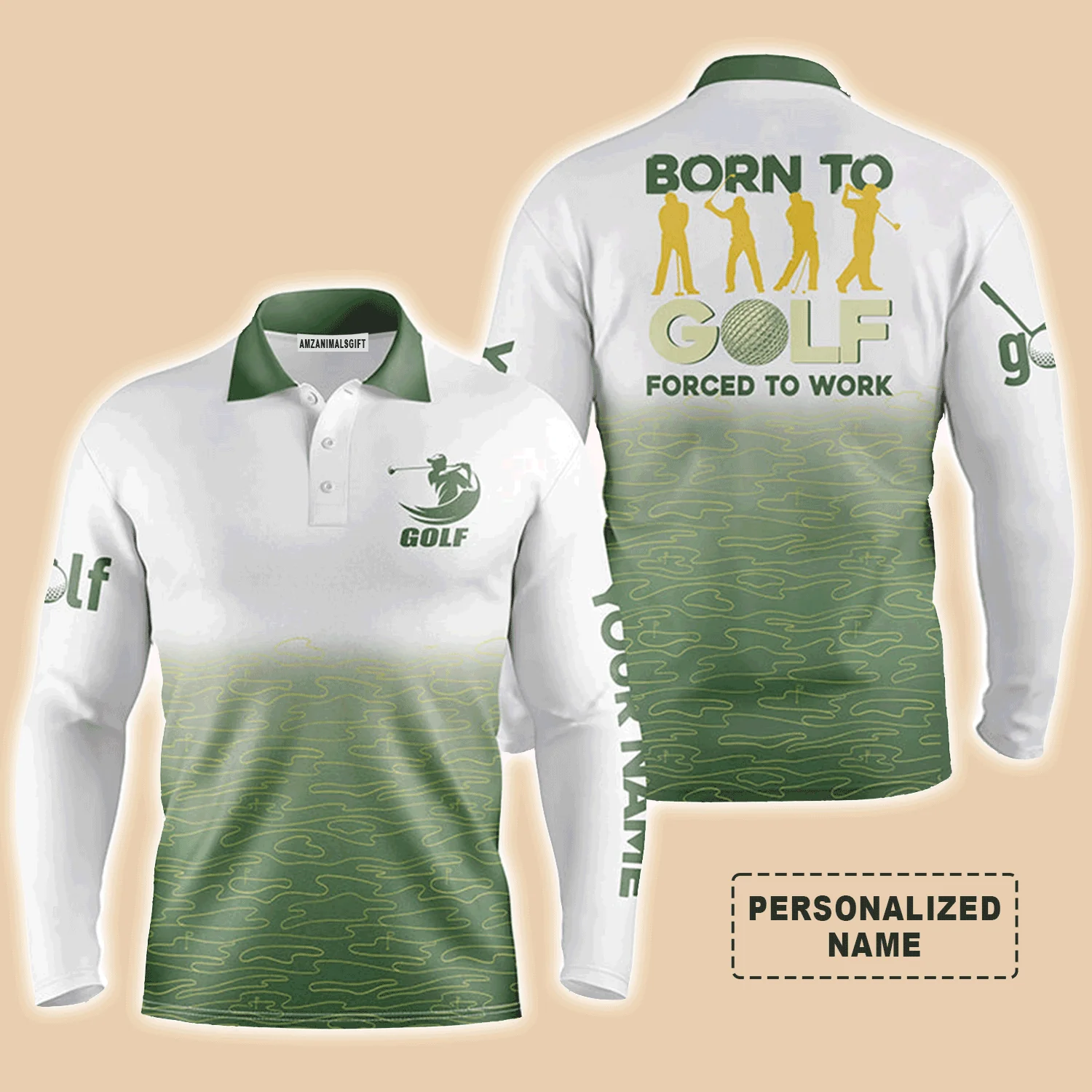 Golf Men Polo Shirt - Green Pattern Custom Name Apparel - Born To Golf Forced To Work - Personalized Gift For Golf Lover, Team - Image 2