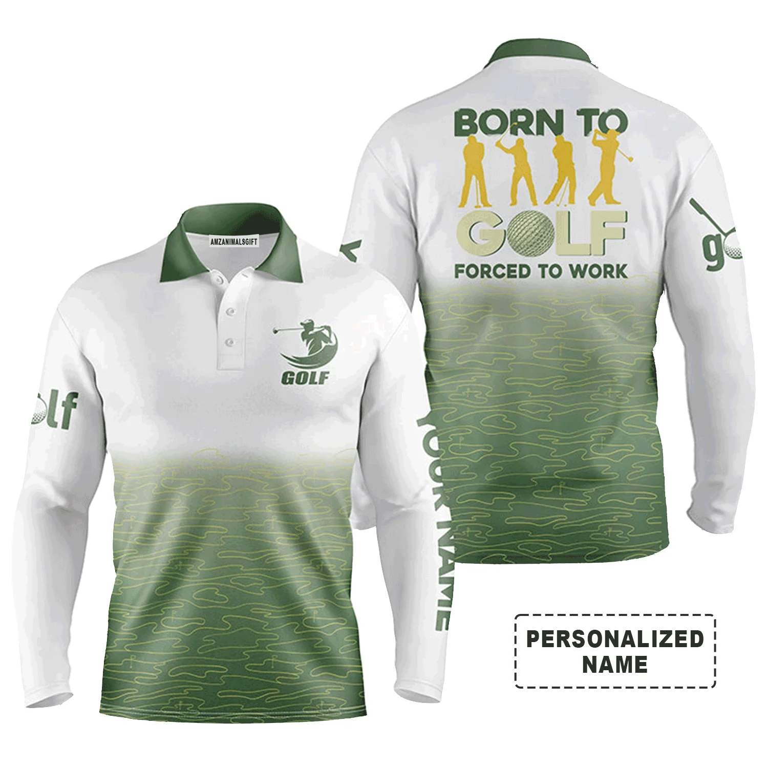 Golf Men Polo Shirt - Green Pattern Custom Name Apparel - Born To Golf Forced To Work - Personalized Gift For Golf Lover, Team - Image 3