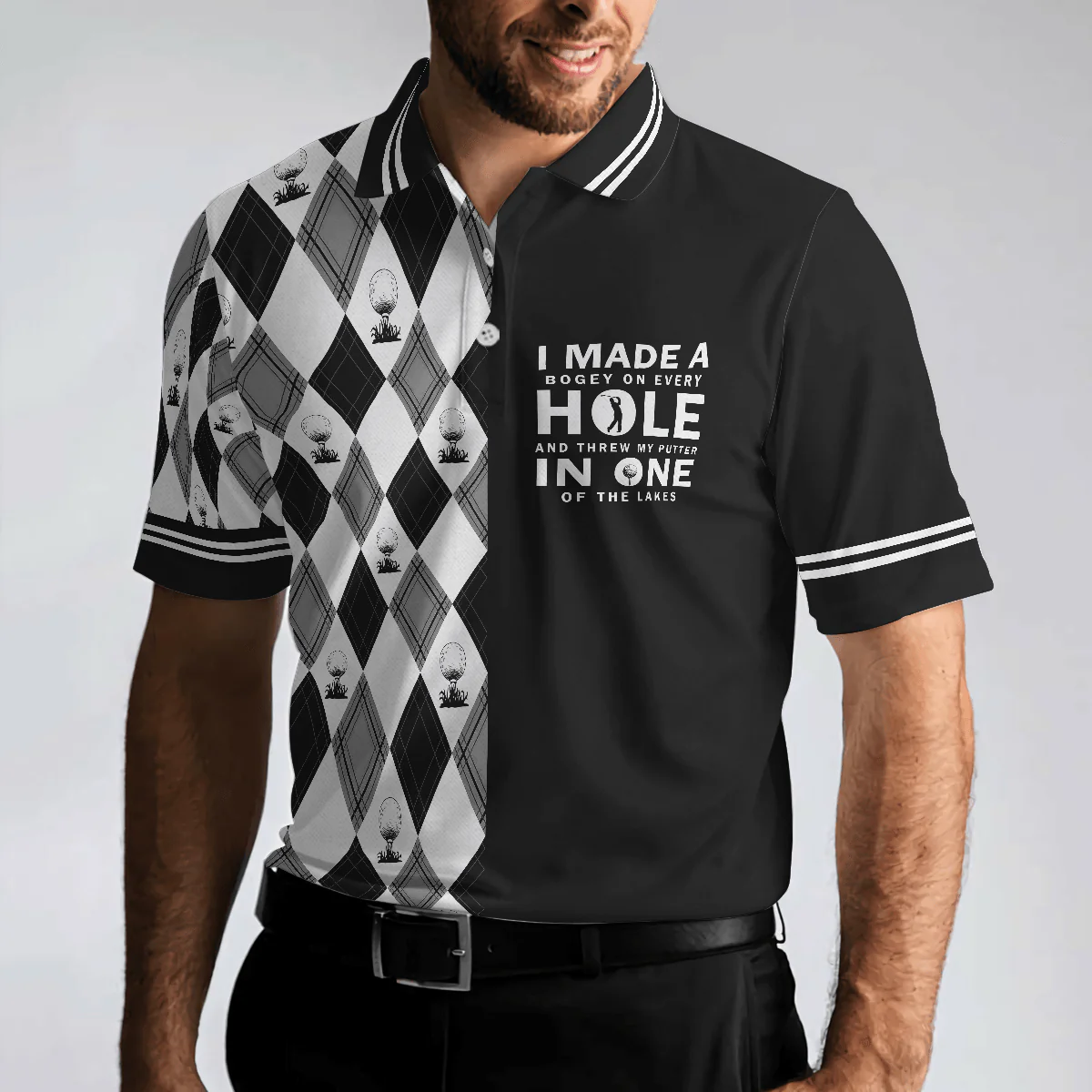 Golf Men Polo Shirt, I Made A Bogey On Every Hole Polo Shirt, Black And White Argyle Pattern Polo Shirt, Cool Golf Shirt For Men, Golfers - Image 4