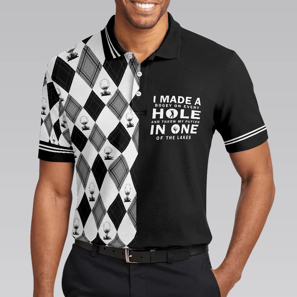 Golf Men Polo Shirt, I Made A Bogey On Every Hole Polo Shirt, Black And White Argyle Pattern Polo Shirt, Cool Golf Shirt For Men, Golfers - Image 5
