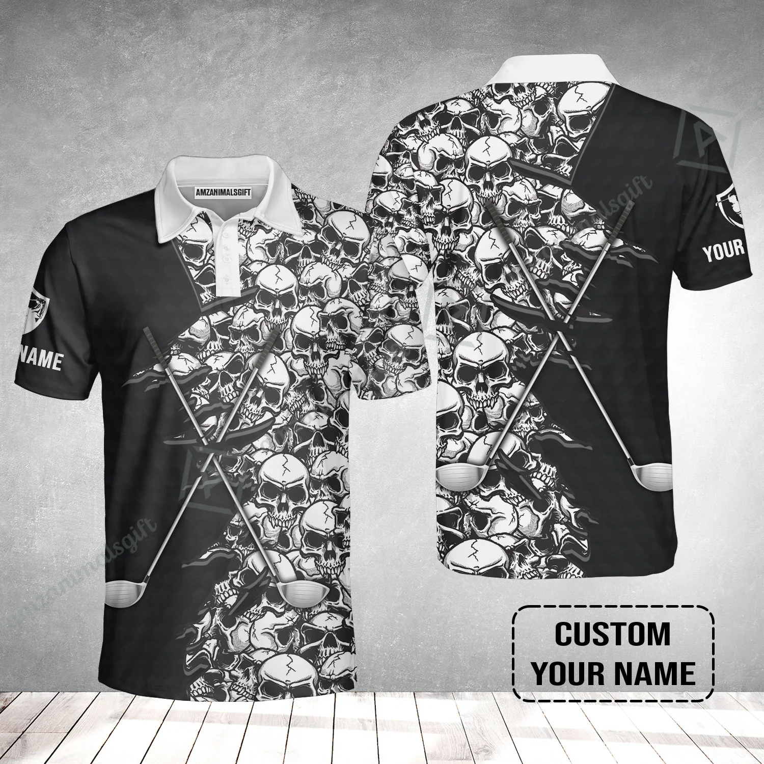 Golf Men Polo Shirt, Pattern Skull Golf Clubs Performance Custom Name Apparel - Personalized Sports Gift For Men, Golf Lovers - Image 2