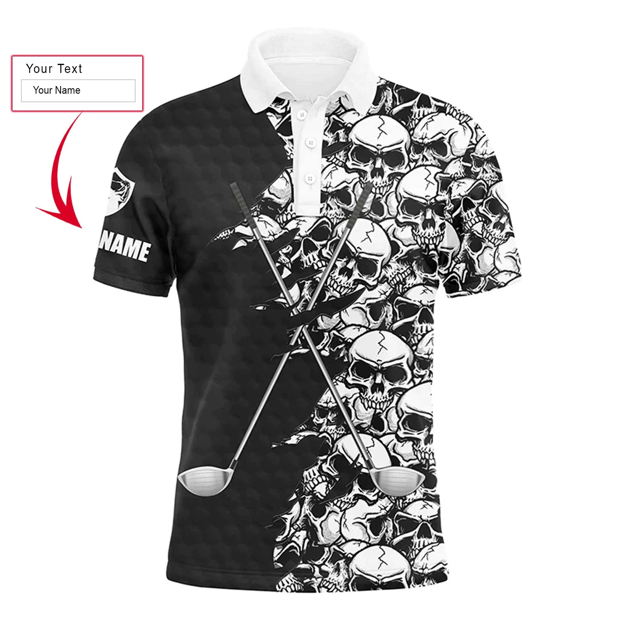 Golf Men Polo Shirt, Pattern Skull Golf Clubs Performance Custom Name Apparel - Personalized Sports Gift For Men, Husband, Boyfriend, Golf Lovers