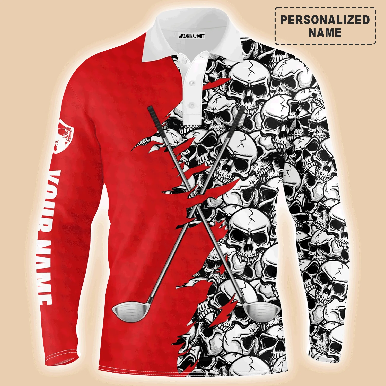 Golf Men Polo Shirt, Pattern Skull Golf Clubs Performance Custom Name Apparel - Personalized Sports Gift For Men, Husband, Boyfriend, Golf Lovers - Image 12