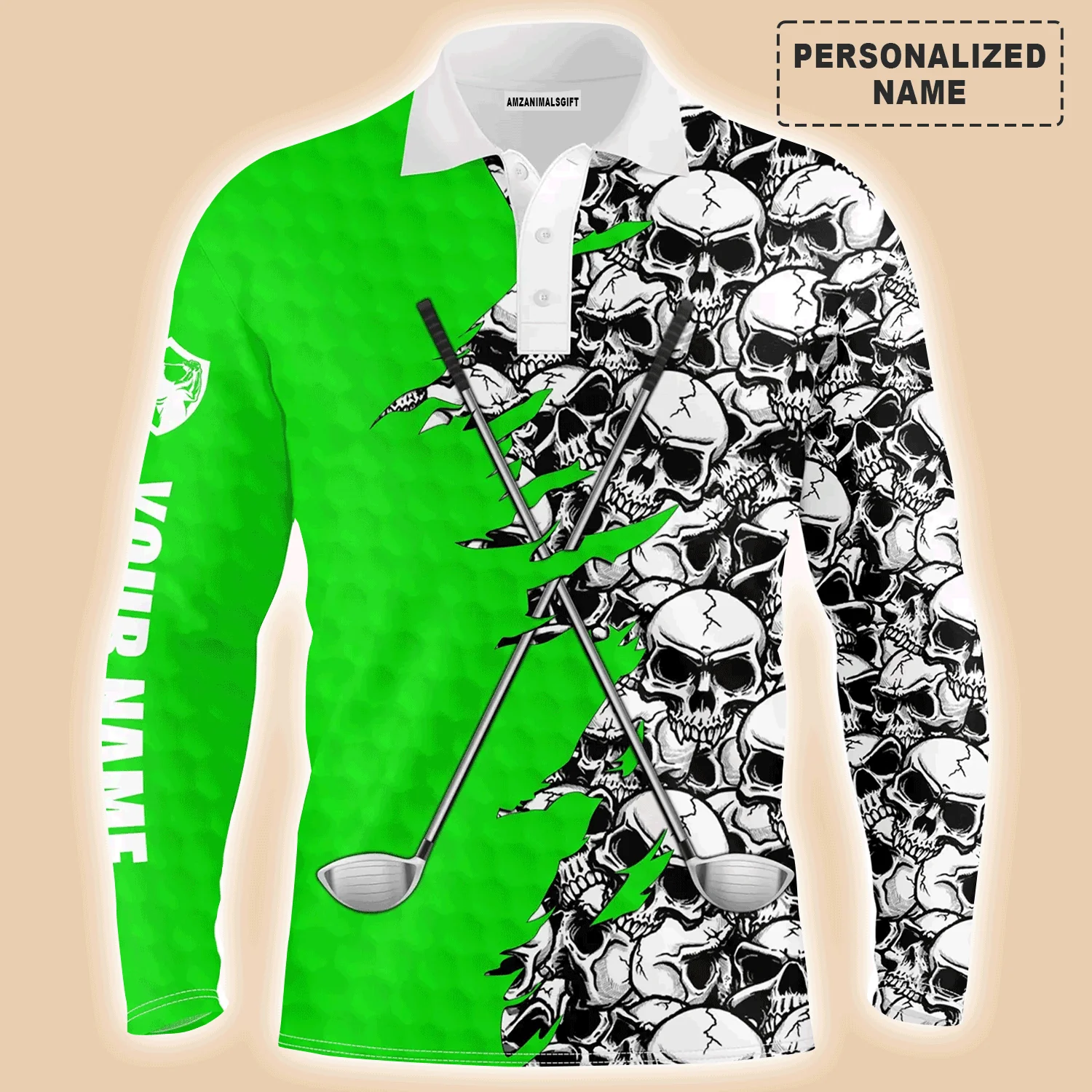 Golf Men Polo Shirt, Pattern Skull Golf Clubs Performance Custom Name Apparel - Personalized Sports Gift For Men, Husband, Boyfriend, Golf Lovers - Image 13