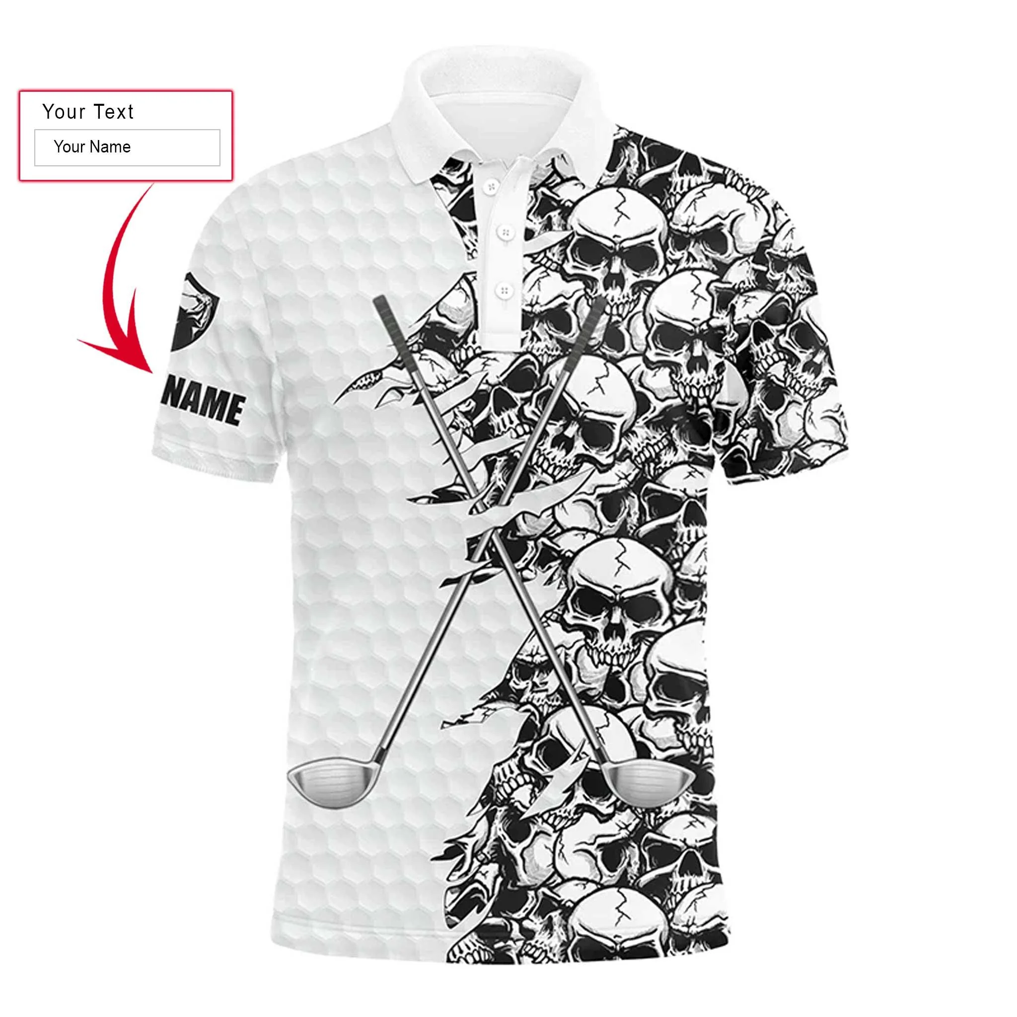 Golf Men Polo Shirt, Pattern Skull Golf Clubs Performance Custom Name Apparel - Personalized Sports Gift For Men, Husband, Boyfriend, Golf Lovers - Image 3
