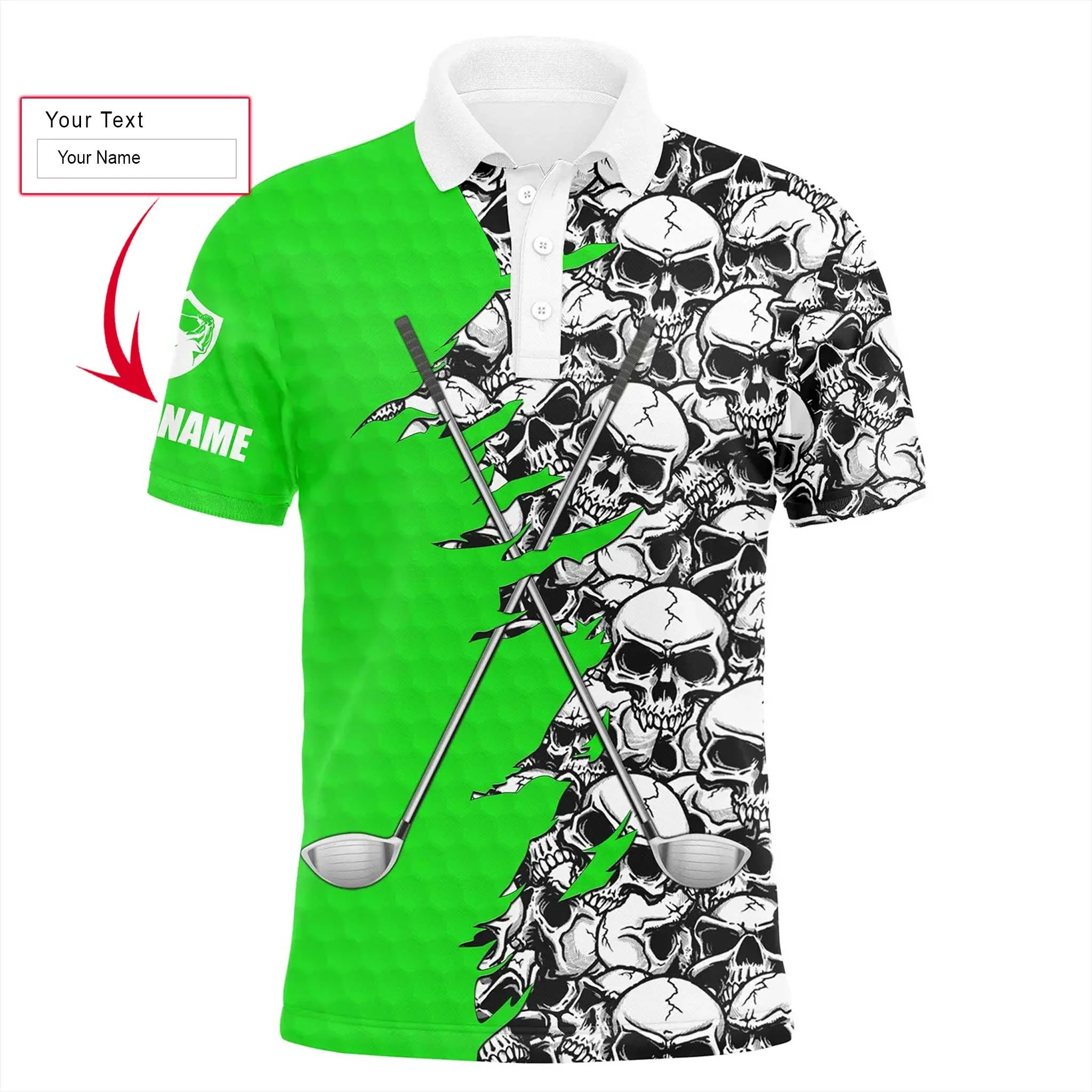 Golf Men Polo Shirt, Pattern Skull Golf Clubs Performance Custom Name Apparel - Personalized Sports Gift For Men, Husband, Boyfriend, Golf Lovers - Image 5