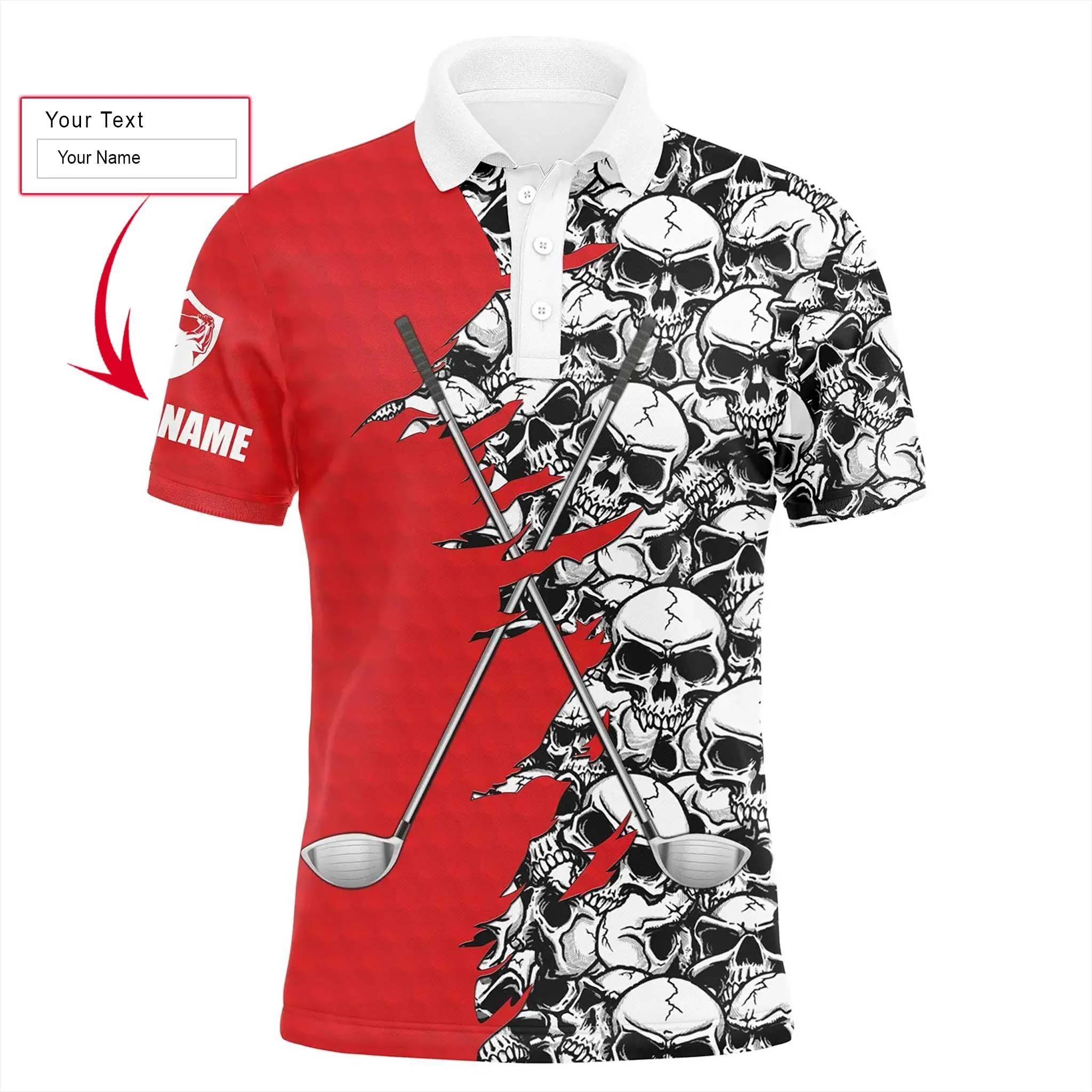 Golf Men Polo Shirt, Pattern Skull Golf Clubs Performance Custom Name Apparel - Personalized Sports Gift For Men, Husband, Boyfriend, Golf Lovers - Image 6