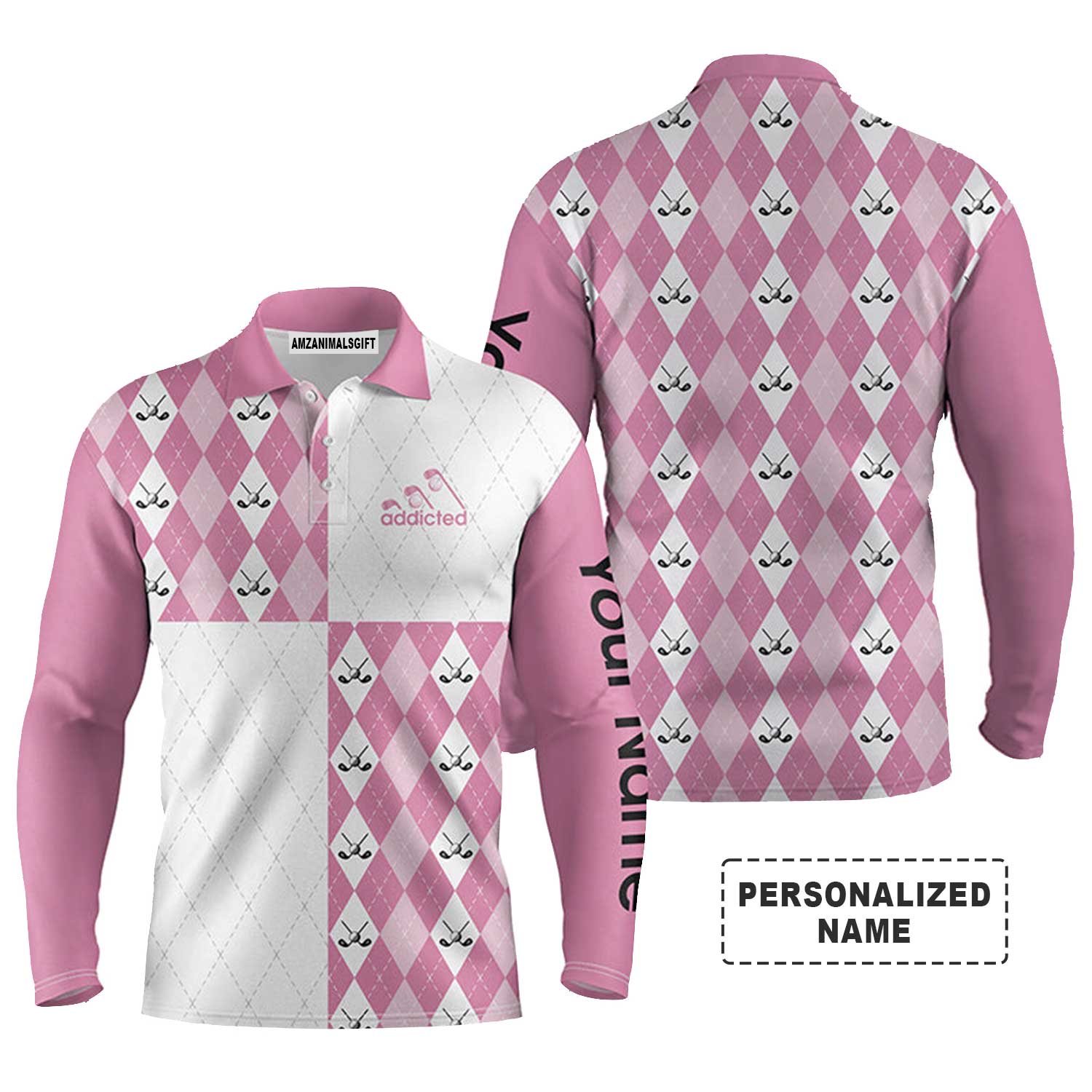Golf Men Polo Shirt - Pink White Golf Ball Clubs Pattern Custom Name Apparel, Addicted - Personalized Gift For Golf Lover, Team, Golfer - Image 3