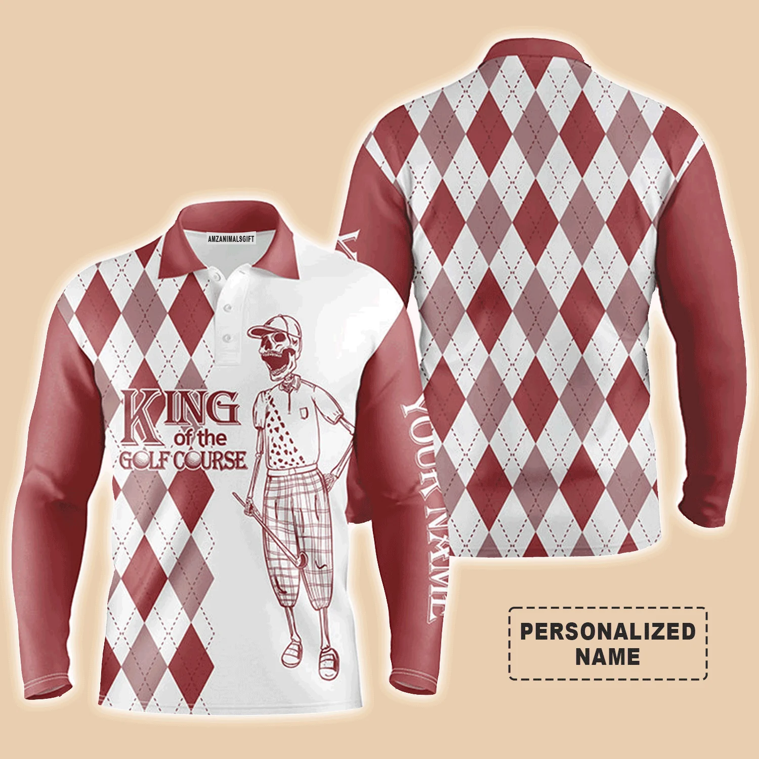 Golf Men Polo Shirt - Red And White Plaid Pattern Skull Custom Name Apparel - King Of The Golf Course - Personalized Gift For Golf Lover, Team - Image 2